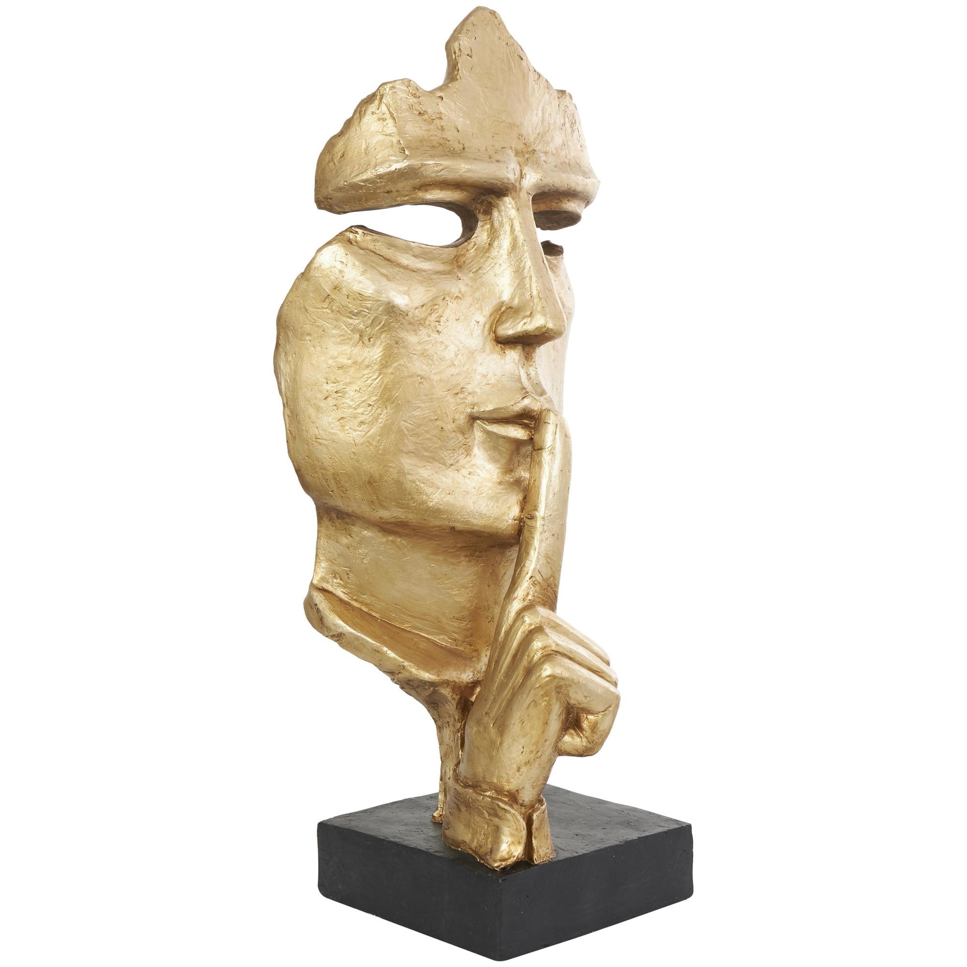 People Gold Polystone Large Cutout Quiet Gesture Face Decorative Sculpture with Black Base