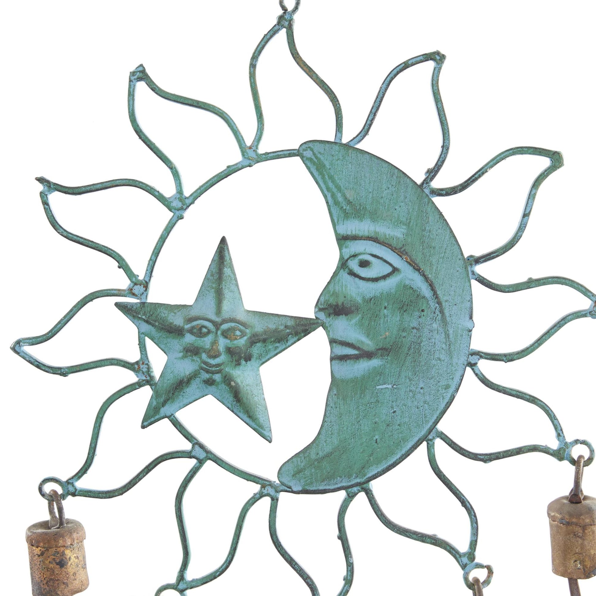 Sun and Moon Teal Metal Indoor Outdoor Windchime with Bells