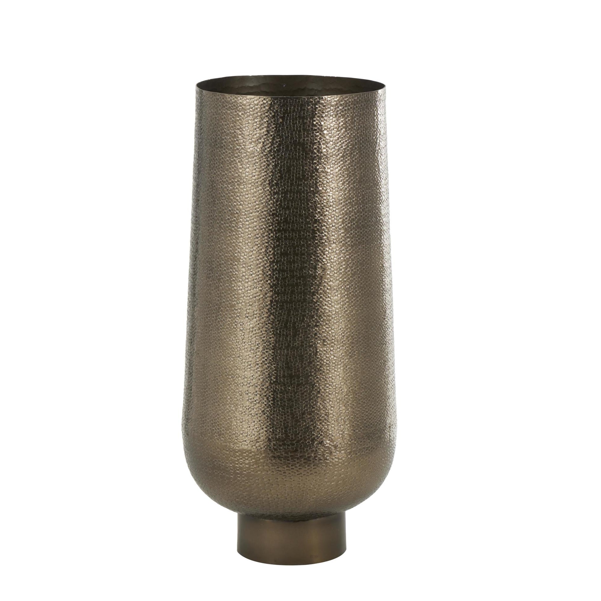 Geometric Brass Aluminum Metal Textured Wide Floor Decorative Vase with Elevated Base