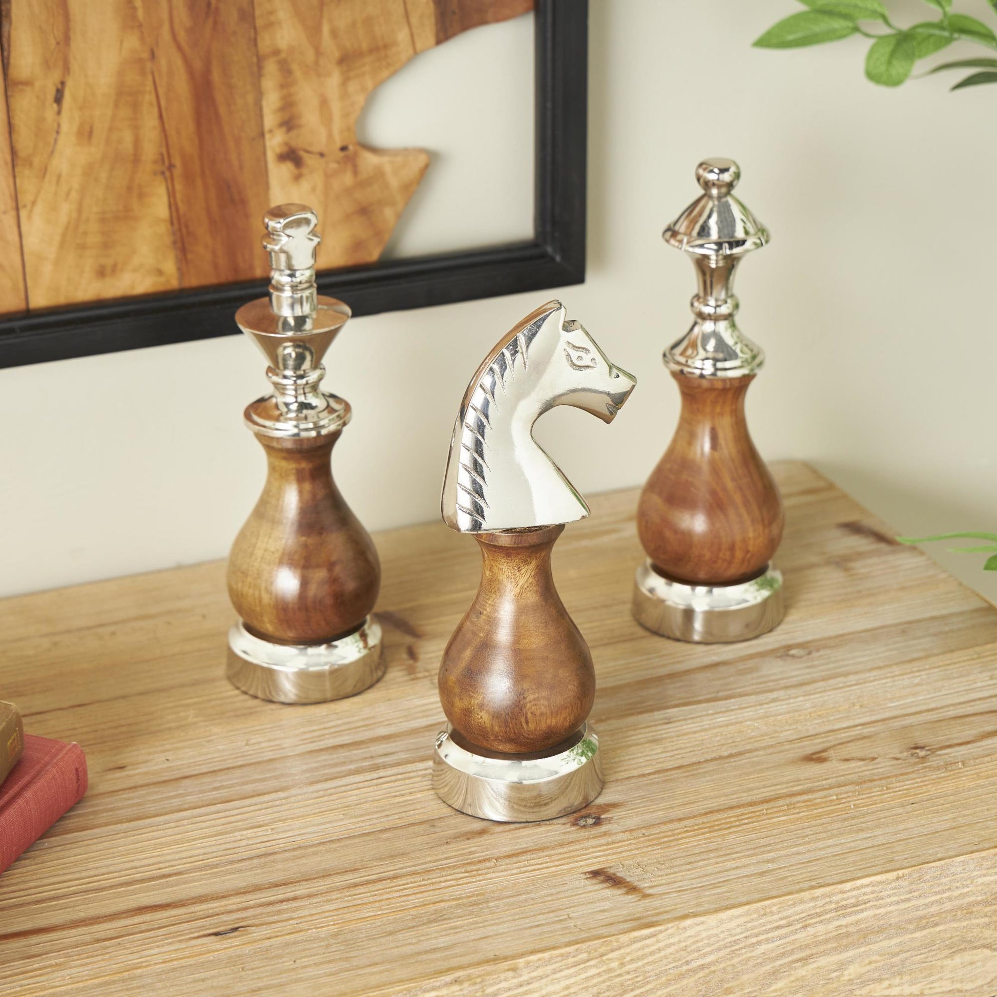 Set of 3 Chess Aluminum Metal King, Knight, Bishop Decorative Sculpture