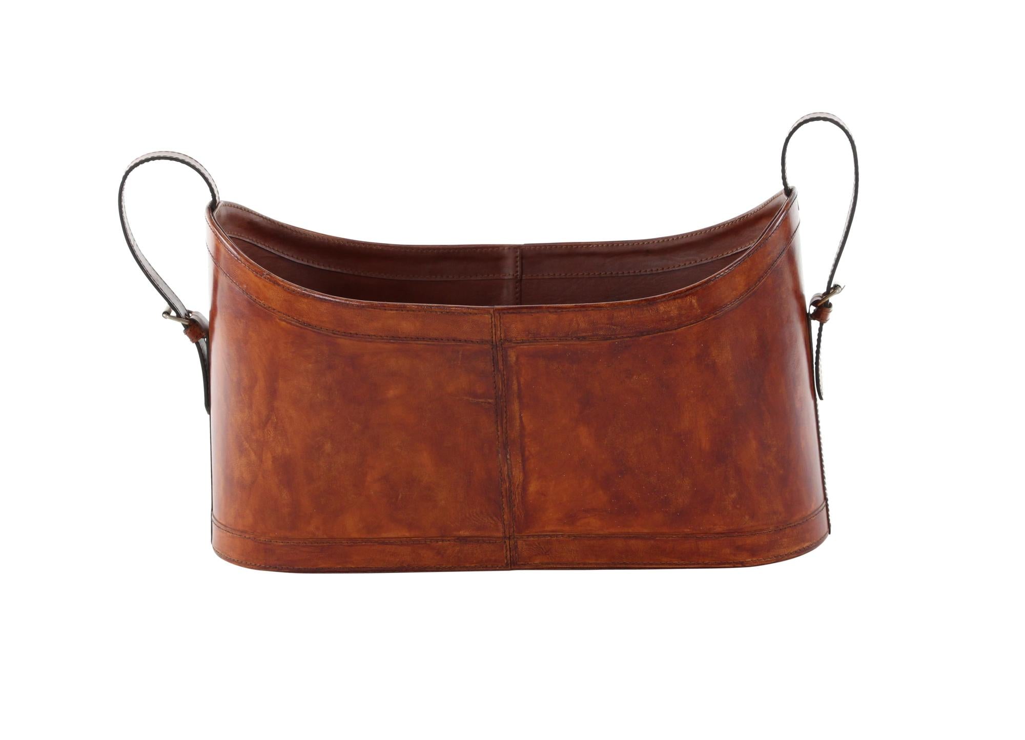 Brown Leather Handmade Curved Box Style Single Slot Decorative Magazine Holder with Buckle Handles