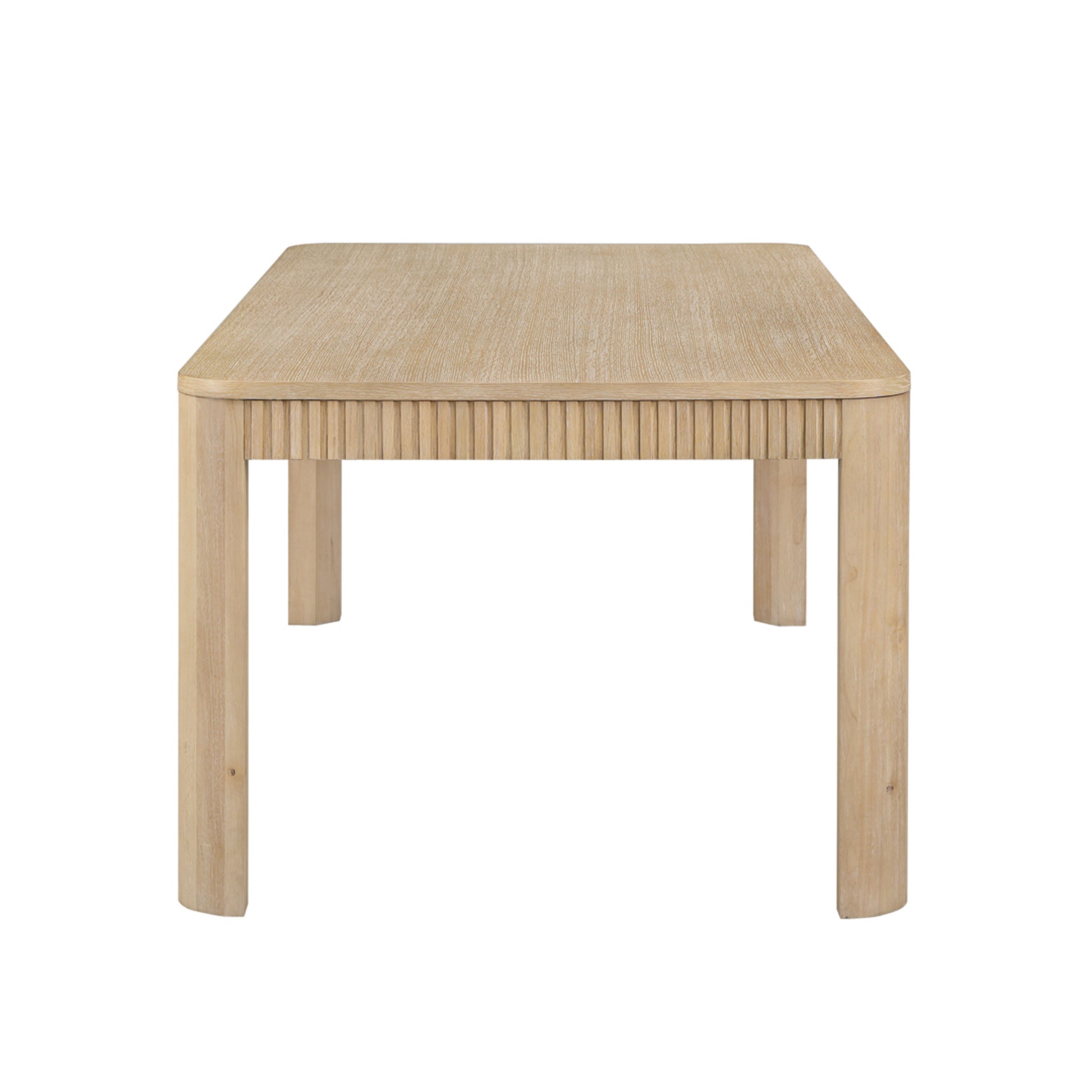 Light Brown Wood Slatted Kitchen Dining Table with Natural Wood Grains and Trapezoid Carved Legs