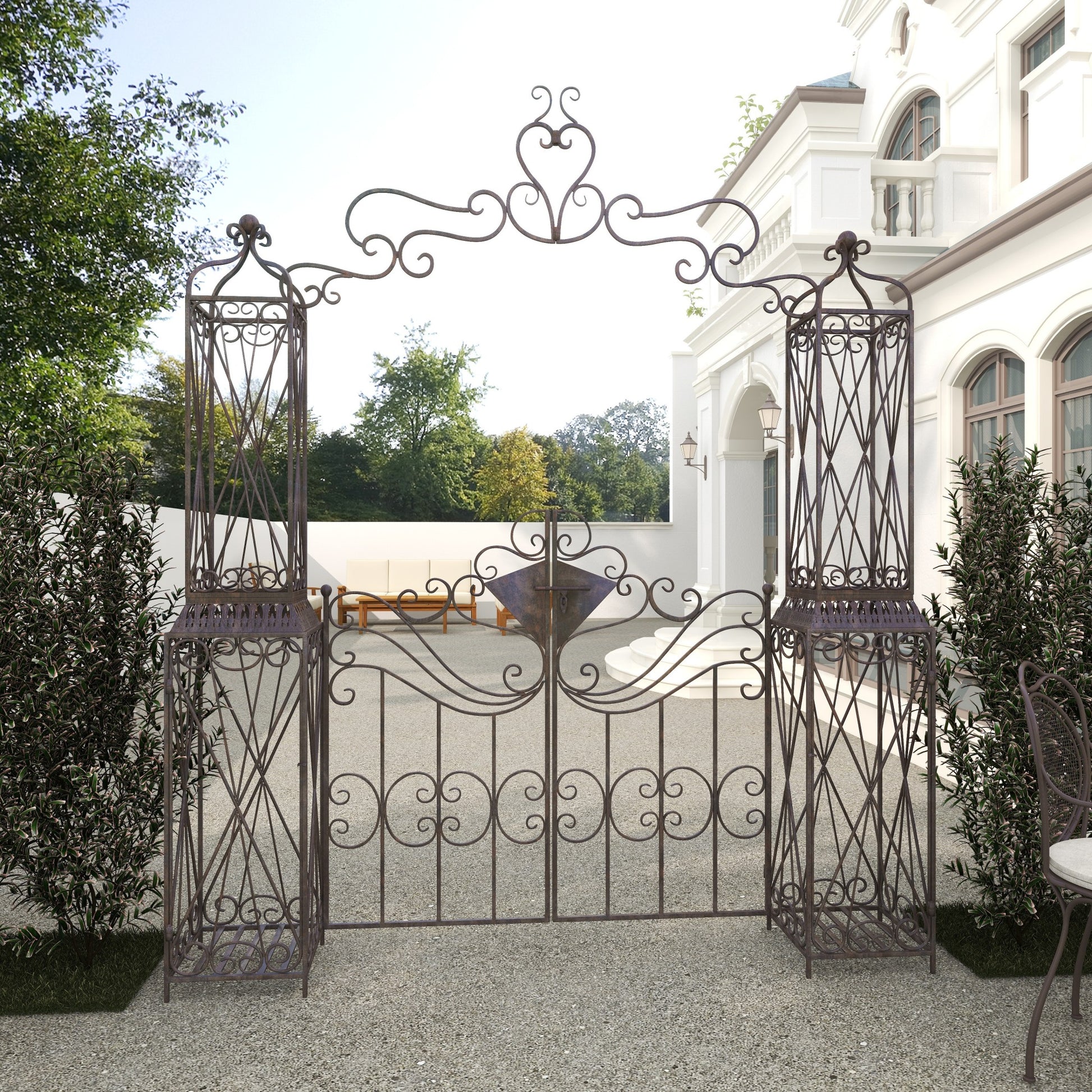 Scroll Bronze Metal Indoor Outdoor Arched Gate Indoor Outdoor Garden Arbor with Pillars and Latch Lock Closure