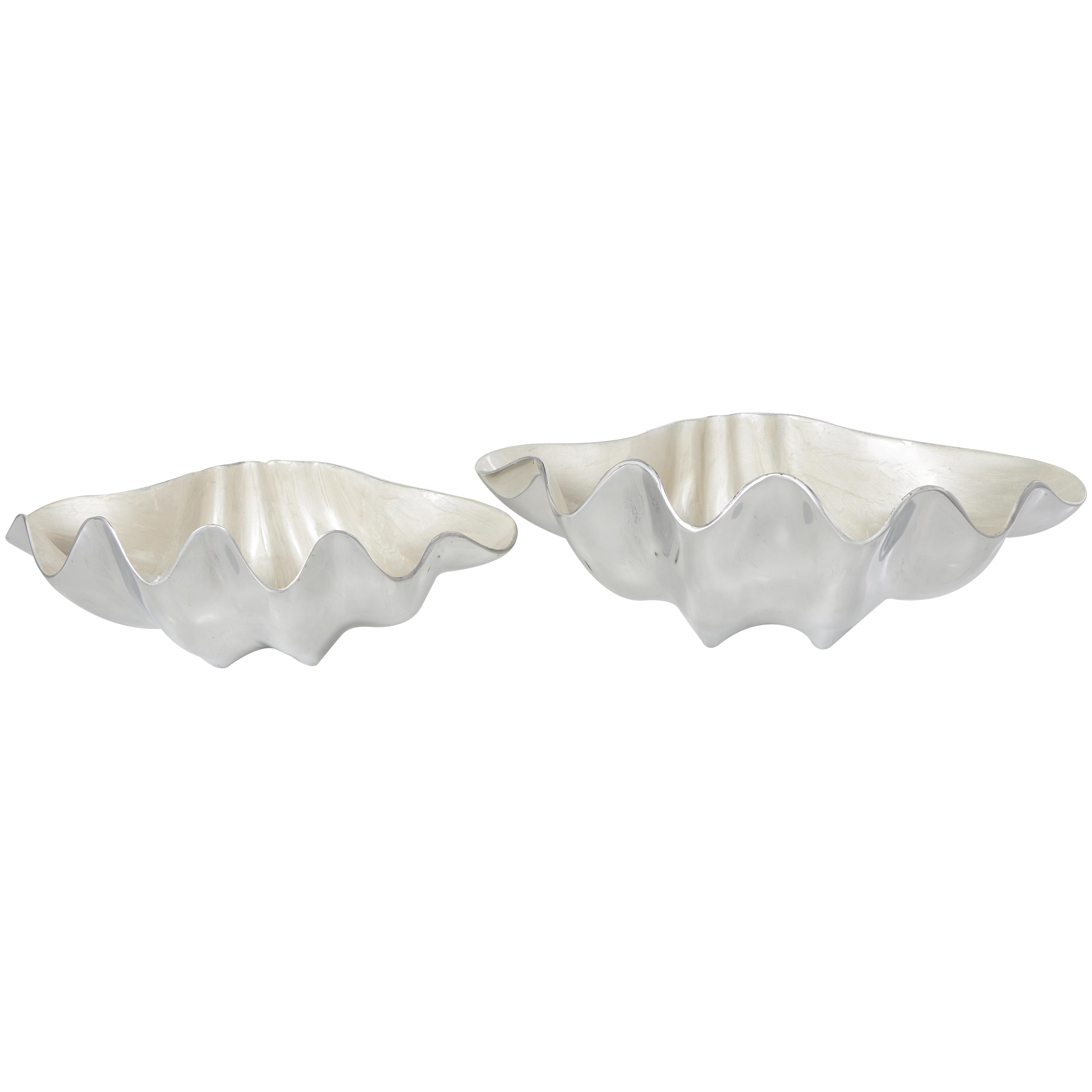 Set of 2 Shell Aluminum Metal Enameled Large Decorative Bowl with Silver Metal Exterior