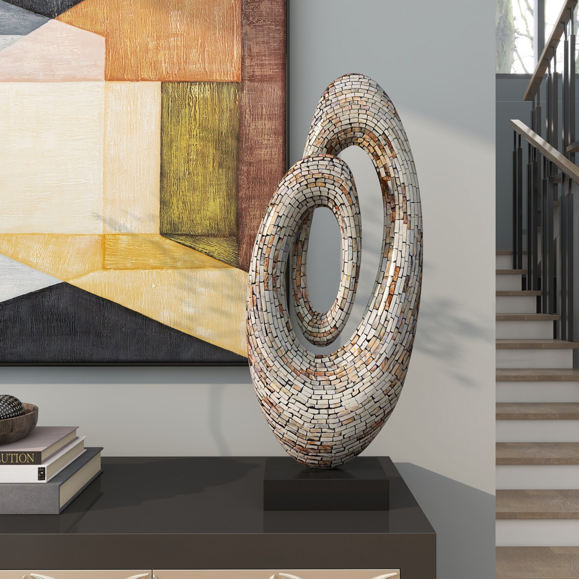 Abstract Mother of Pearl Shell Swirl Decorative Sculpture with Black Base