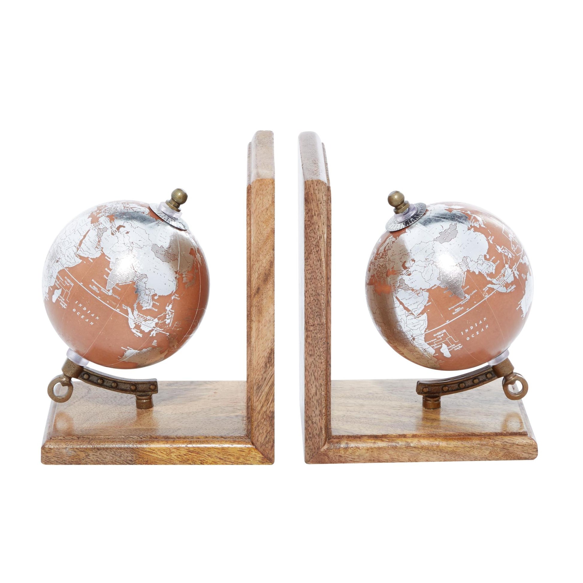 Set of 2 Globe Brown Wood Decorative Bookends