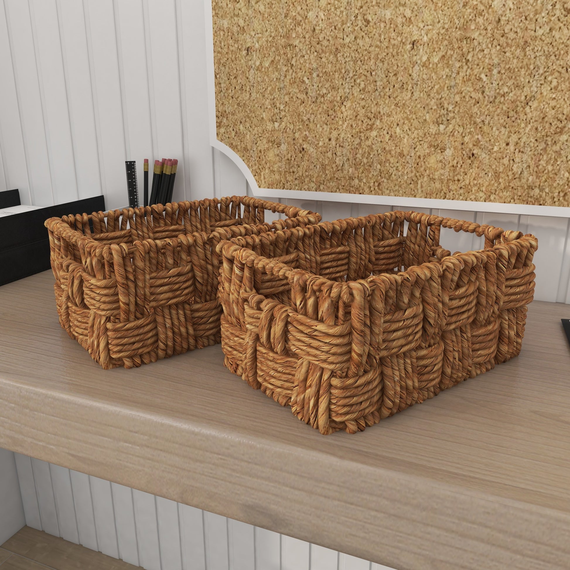 Set of 2 Brown Jute Rope Handmade Woven Rectangular Decorative and Functional Storage Basket with Slit Handles