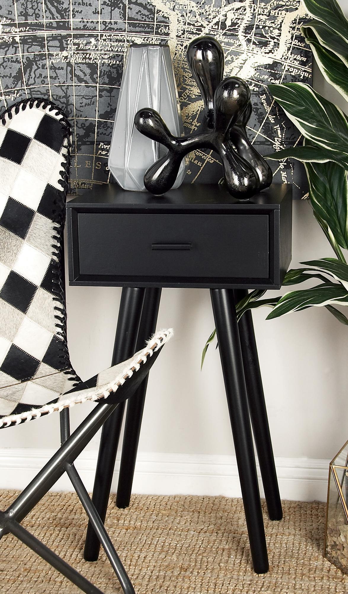 Black Wood Single Drawer Side End Accent Table