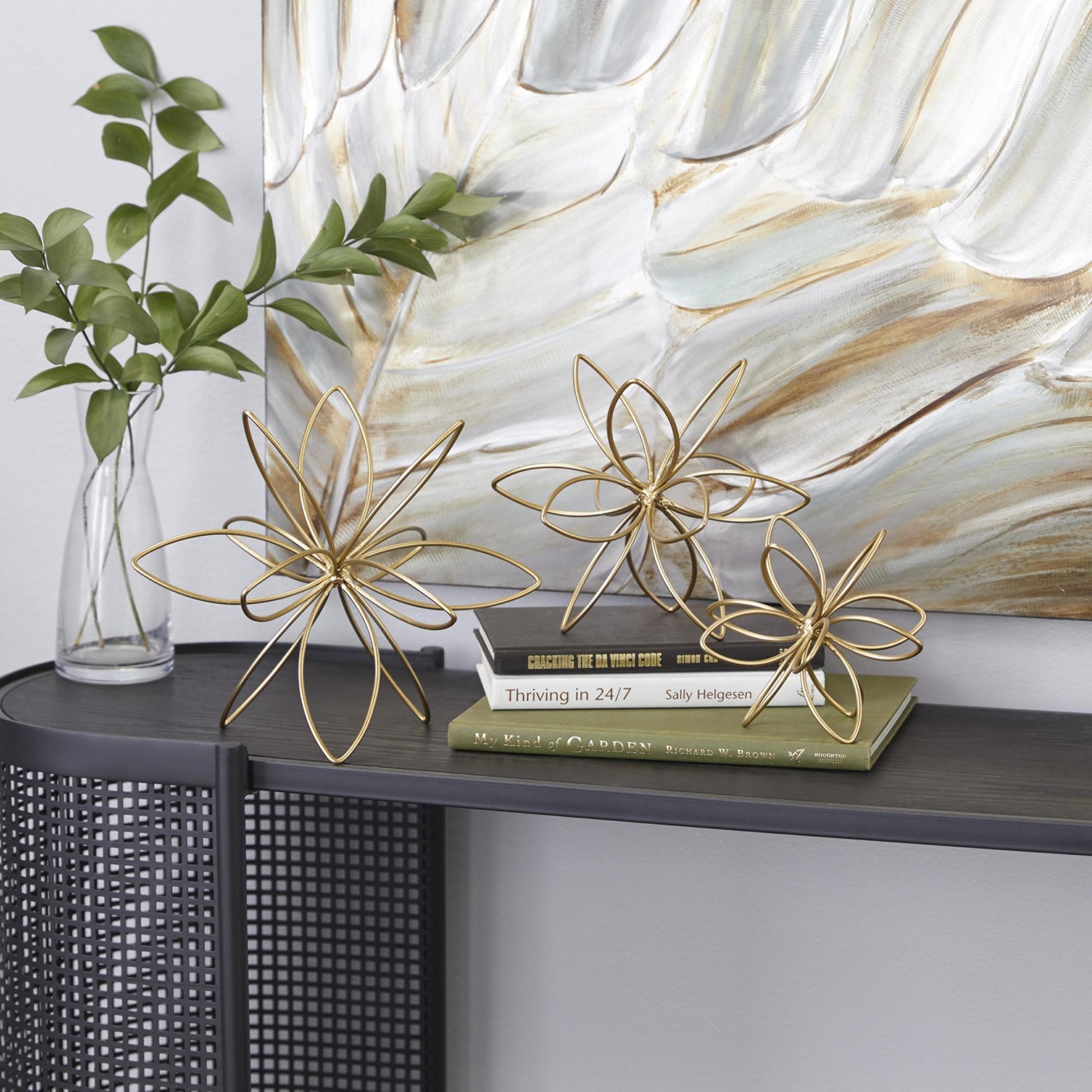 CosmoLiving by Cosmopolitan Set of 3 Floral Gold Metal Wire Decorative Sculpture