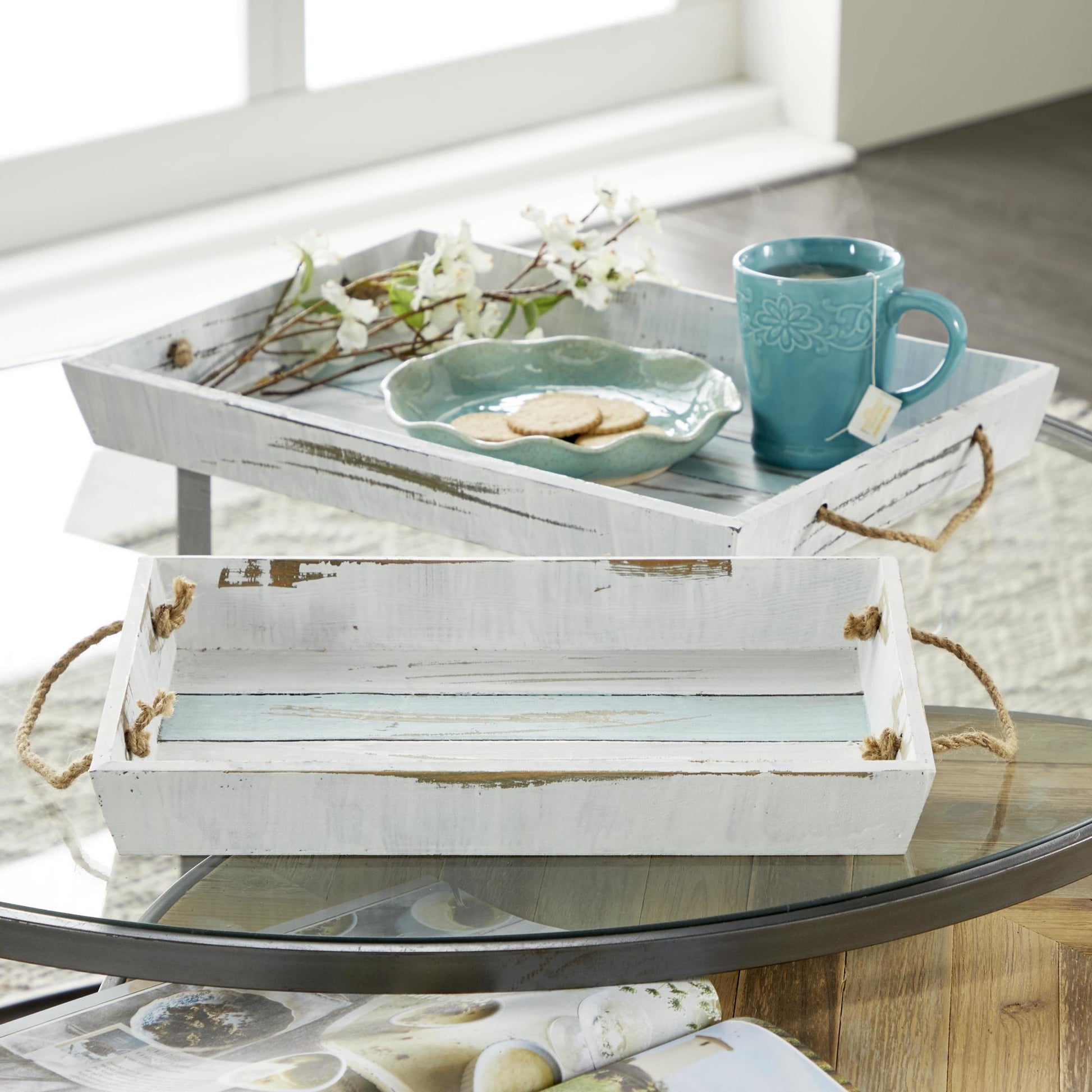 Set of 2 Nautical White Wood Distressed Living Room Decor Tray with Blue Stripes and Jute Handles