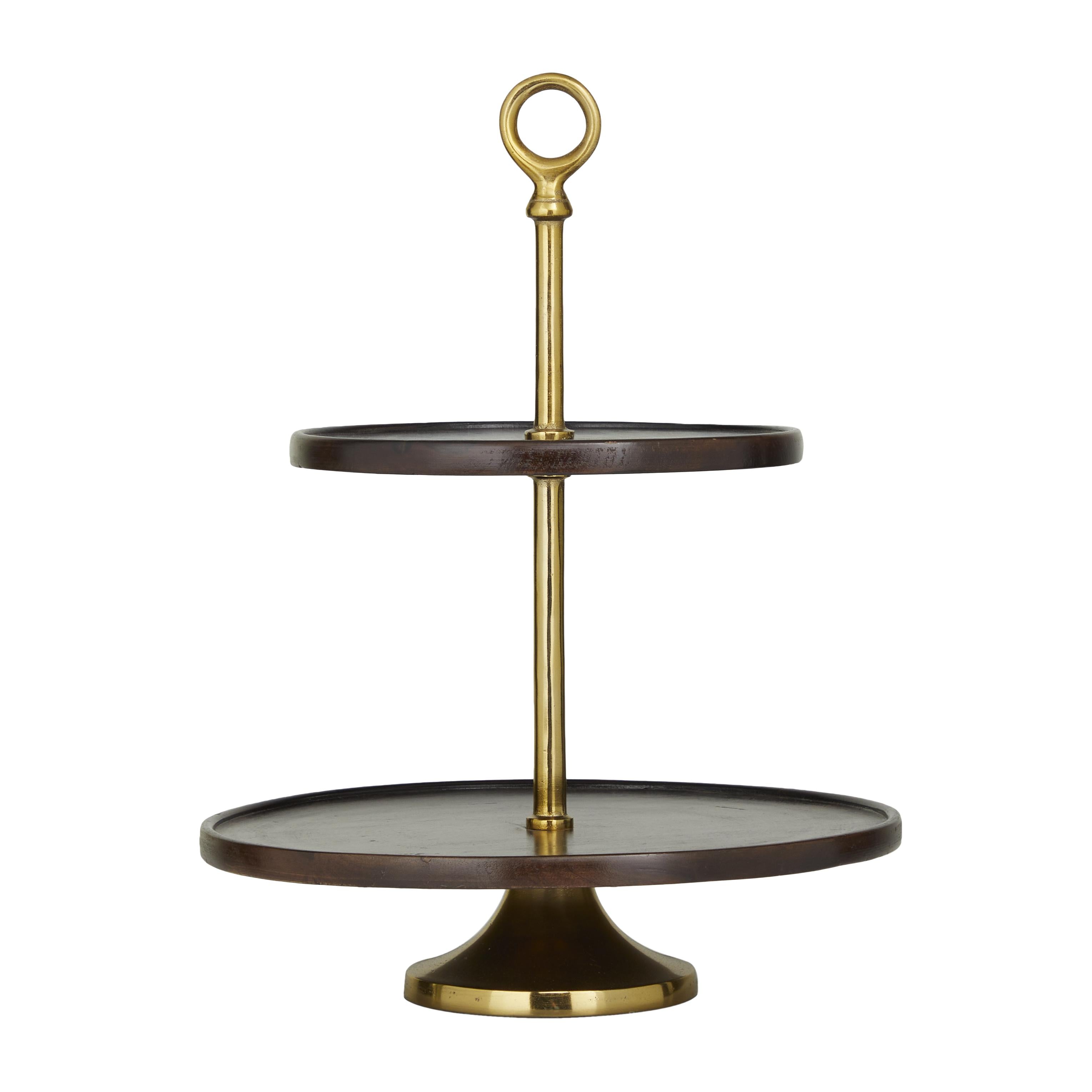 Mango Wood 2 Level Decorative Tiered Server with Silver Aluminum Cone Base