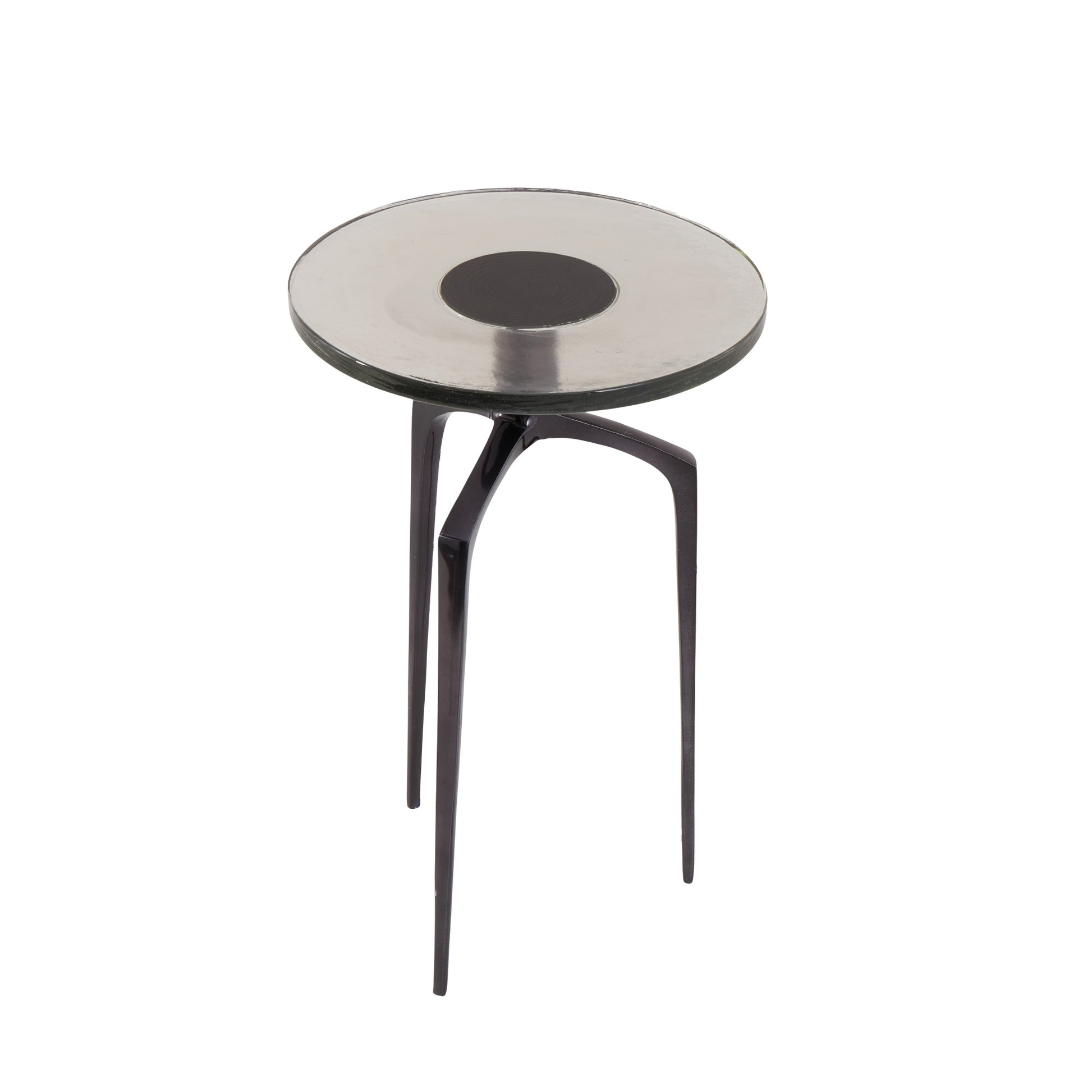 Aluminum Metal Small Tripod Side End Accent Table with Textured Glass Tabletop