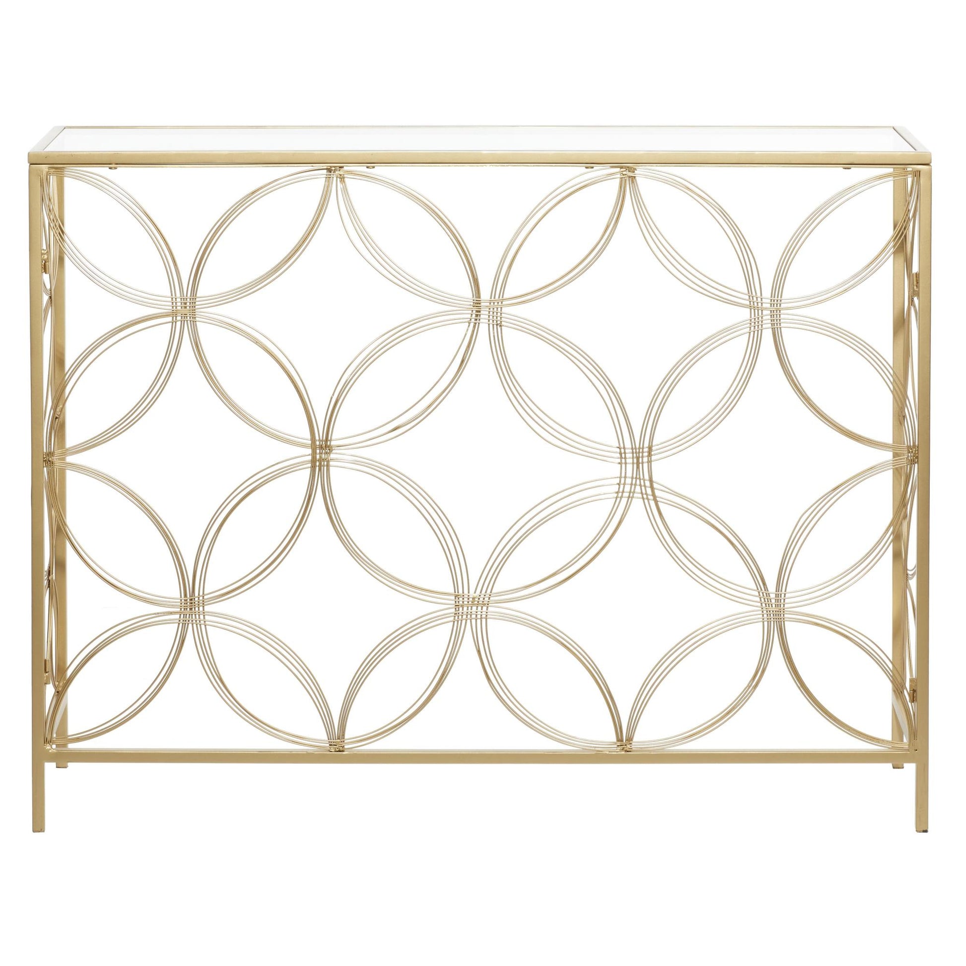 Geometric Gold Metal Open Style Quatrefoil Frame Living Room Console Table with Glass Top