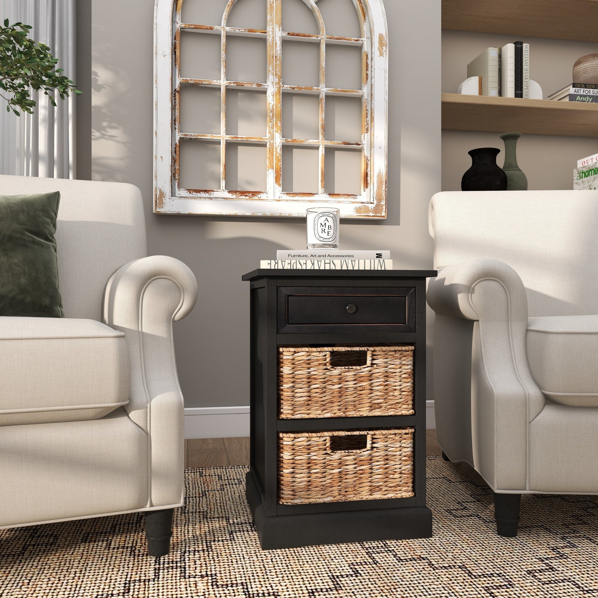 Wood 1 Drawer Room Storage Unit with 2 Wicker Basket Drawers 16" x 13" x 28"