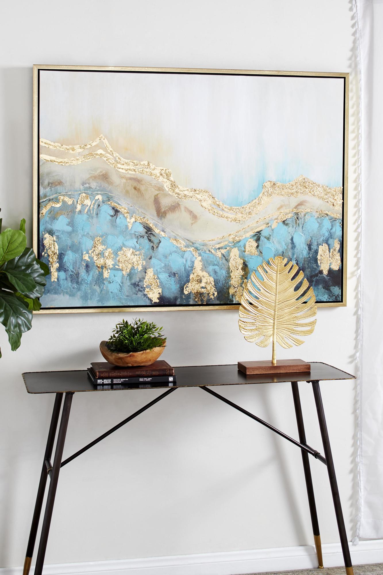 Abstract Blue Canvas Wave Living Room Framed Wall Art with Gold Foil Accents