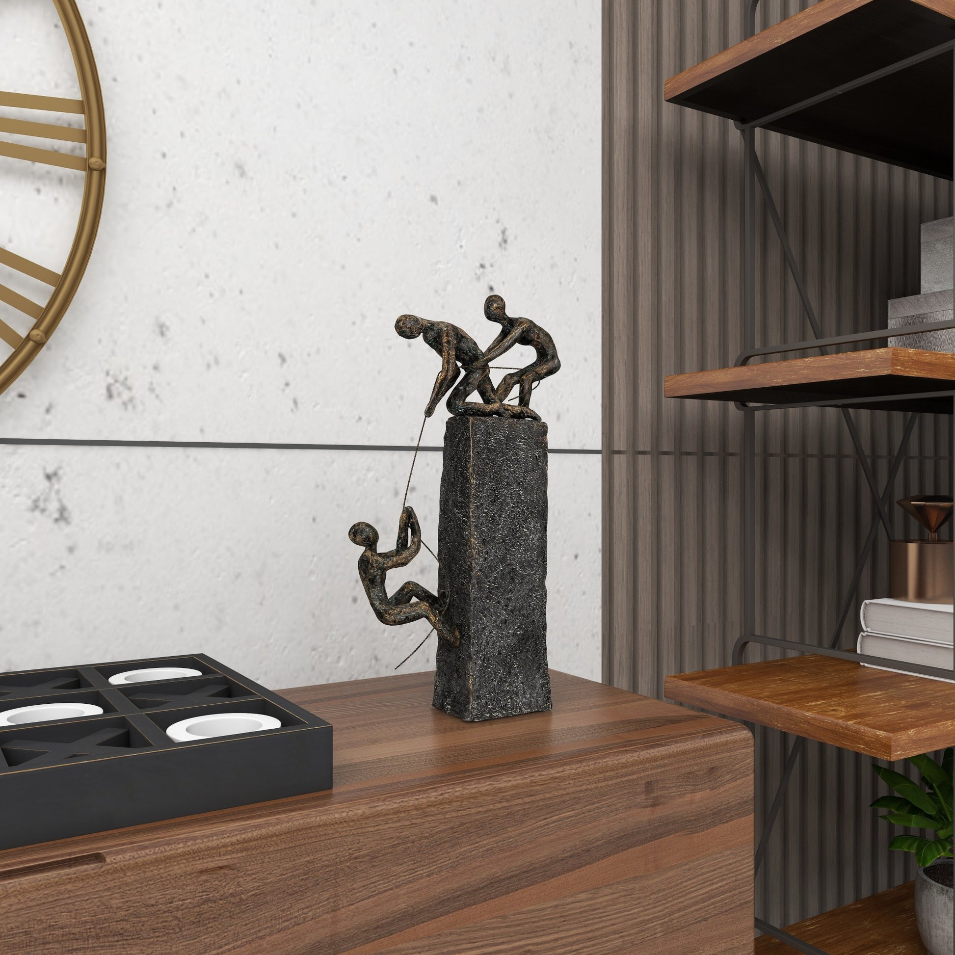 People Gray Polystone Climbing Decorative Sculpture with Bronze Detailing