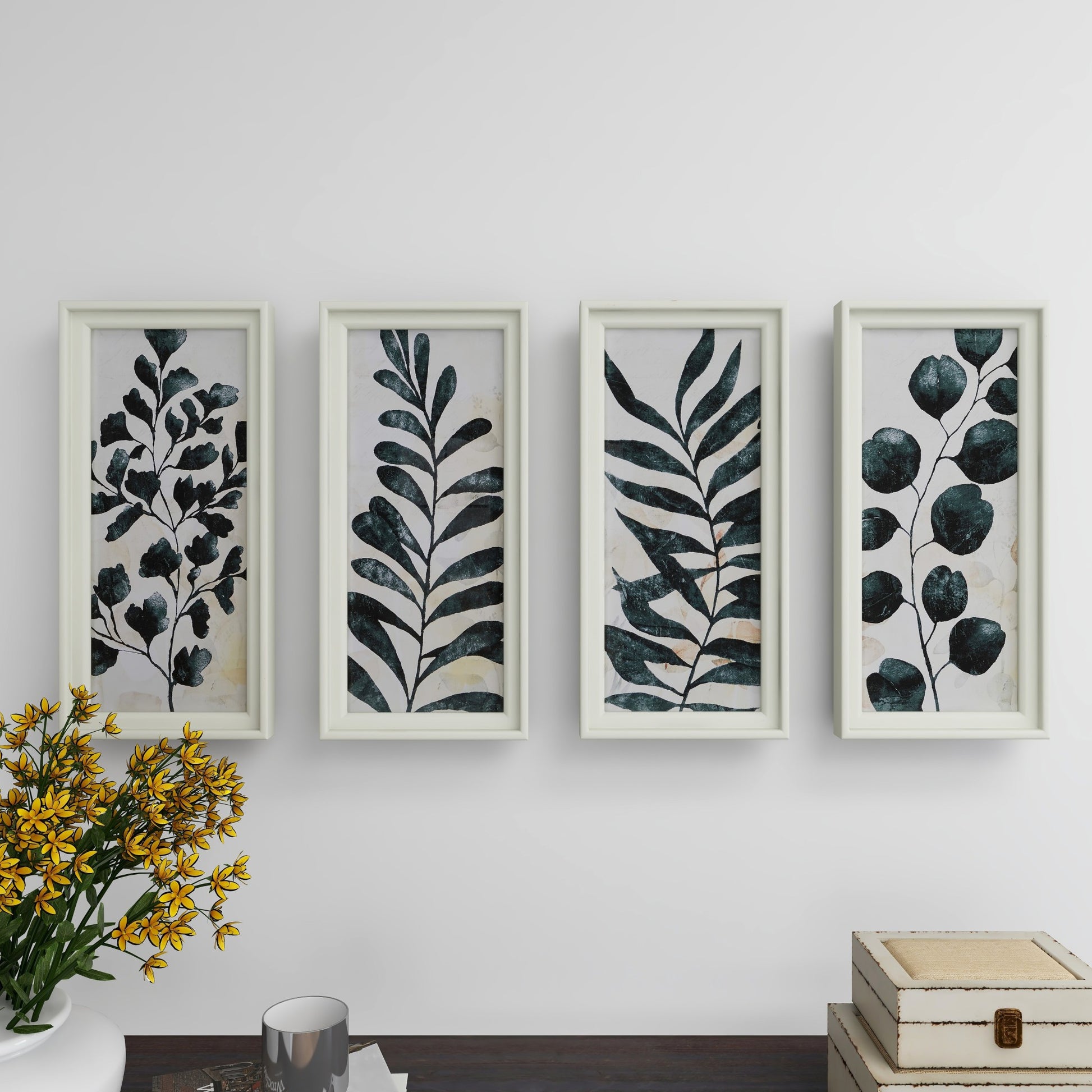 Set of 4 Leaf Green Wood Panel Living Room Framed Wall Art with Cream Frame