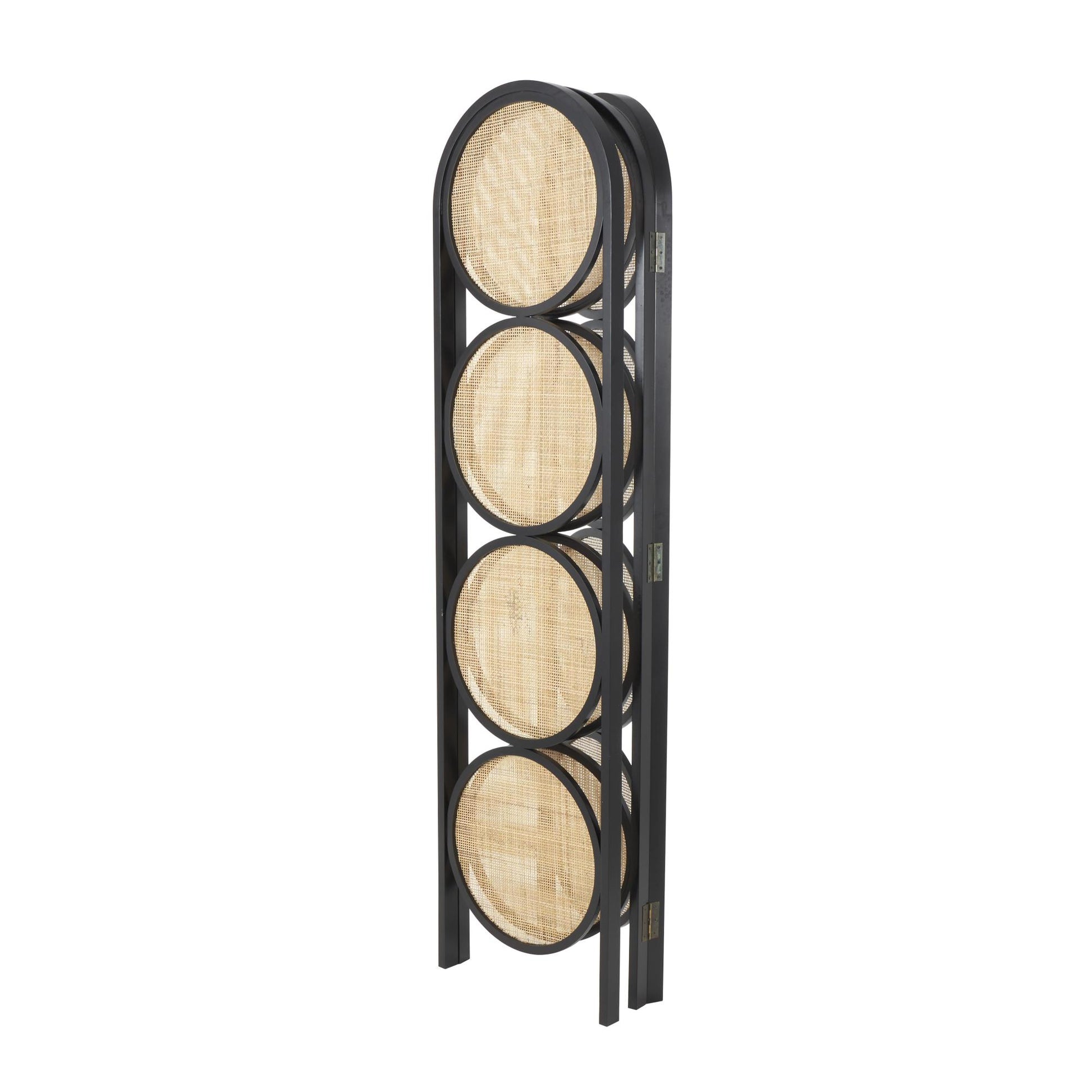 Geometric Black Wooden Handmade Arched Foldable 3 Panel Partition Room Divider Screen with Woven Cutouts