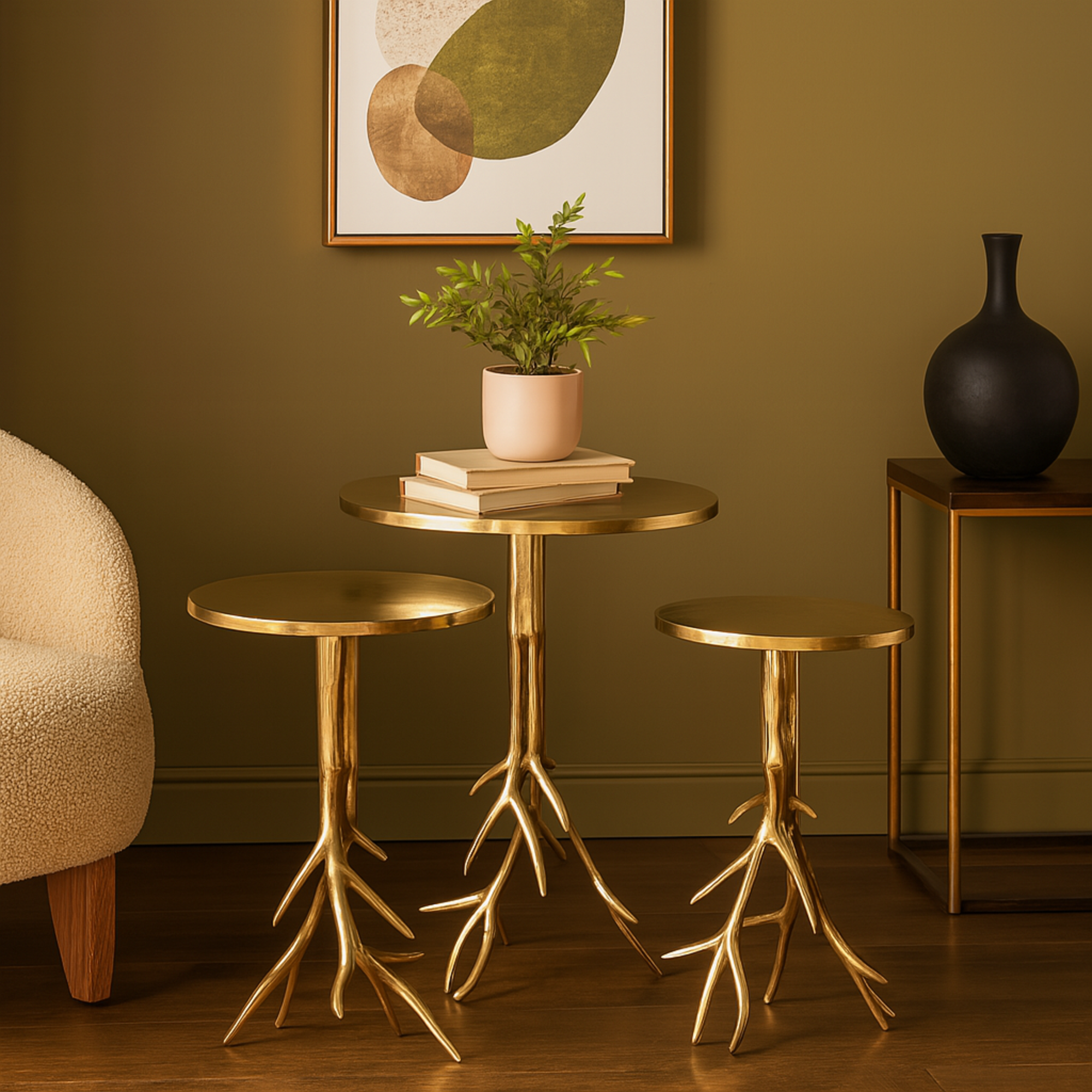 Set of 3 Aluminum Metal Side End Accent Table with Textured Tree Branch Legs Set of 3 24", 22", 20"H