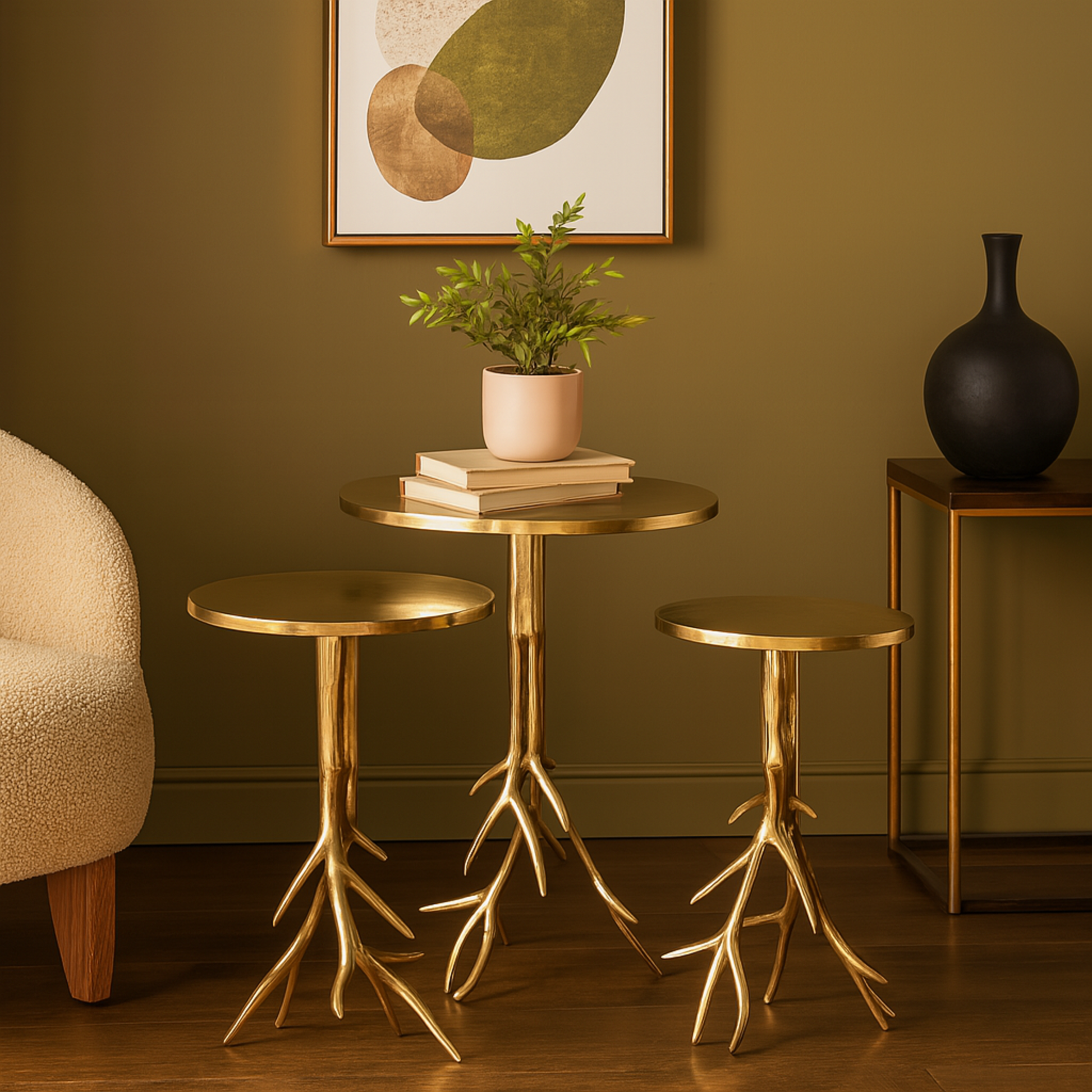 Set of 3 Aluminum Metal Side End Accent Table with Textured Tree Branch Legs Set of 3 24", 22", 20"H