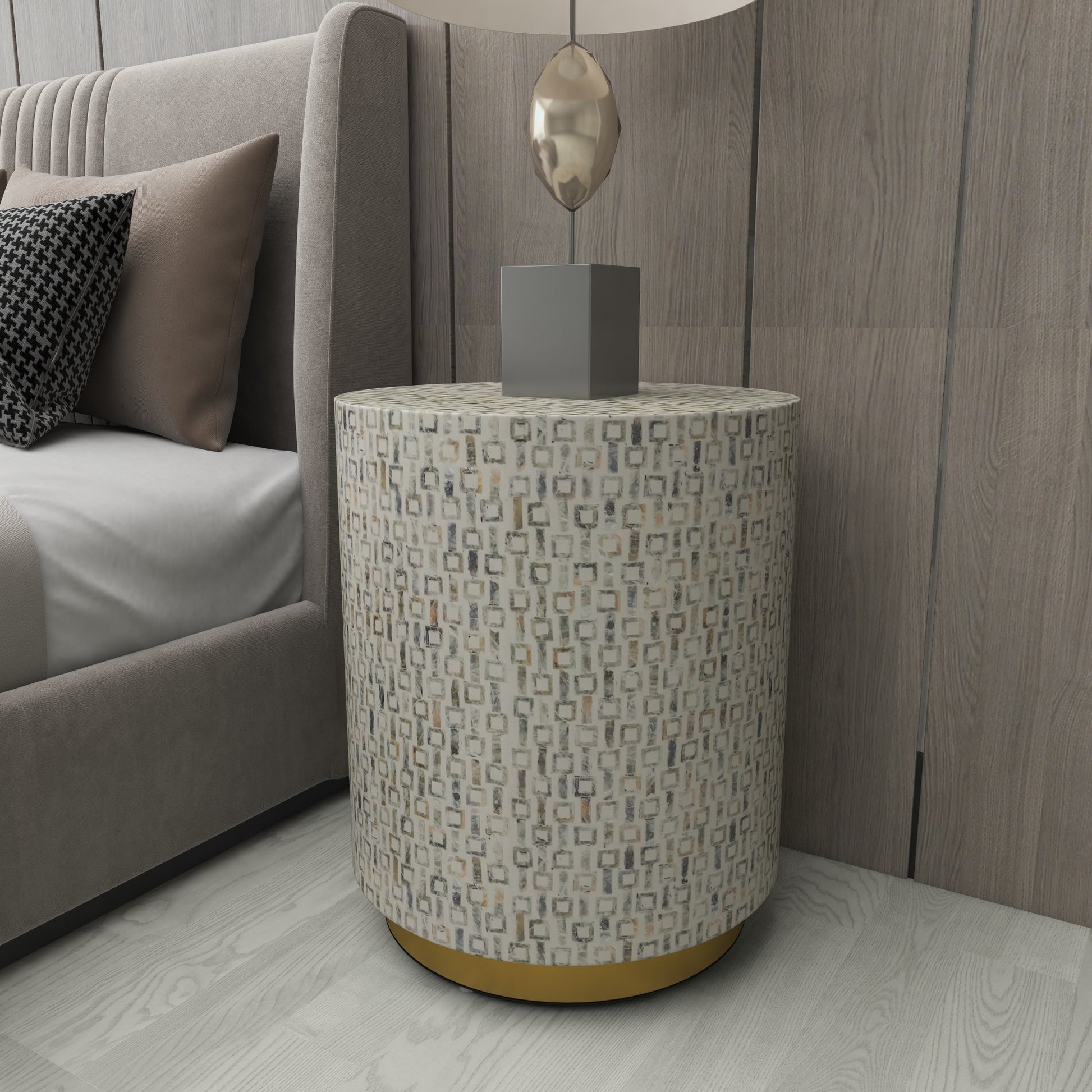 Geometric Mother of Pearl Shell Side End Accent Table with Gold Base