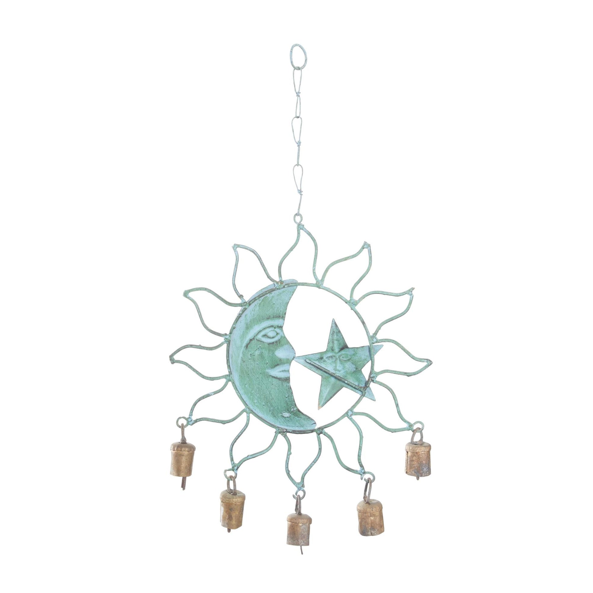 Sun and Moon Teal Metal Indoor Outdoor Windchime with Bells