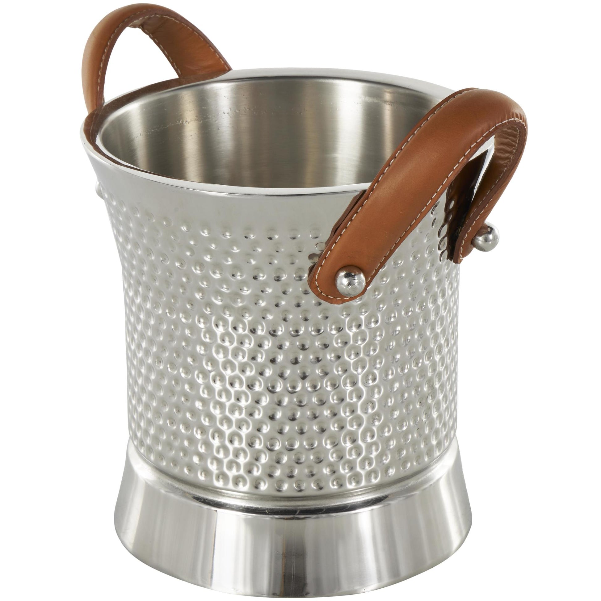 Silver Stainless Steel Metal Hammered Decorative Ice Bucket with Brown Leather Handles