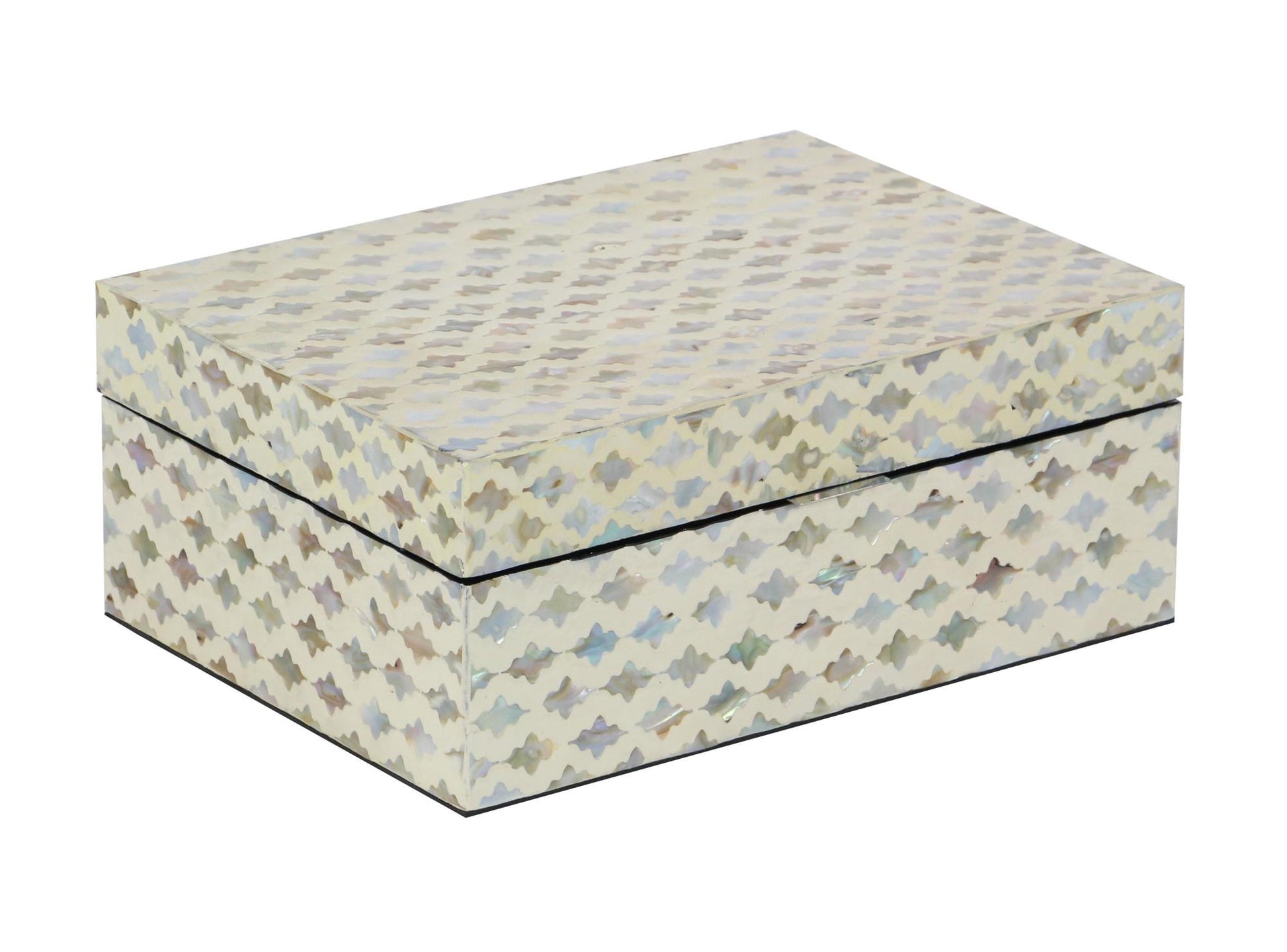 Set of 2 Geometric Cream Mother of Pearl Shell Handmade Storage Decorative Box with Hinged Lid