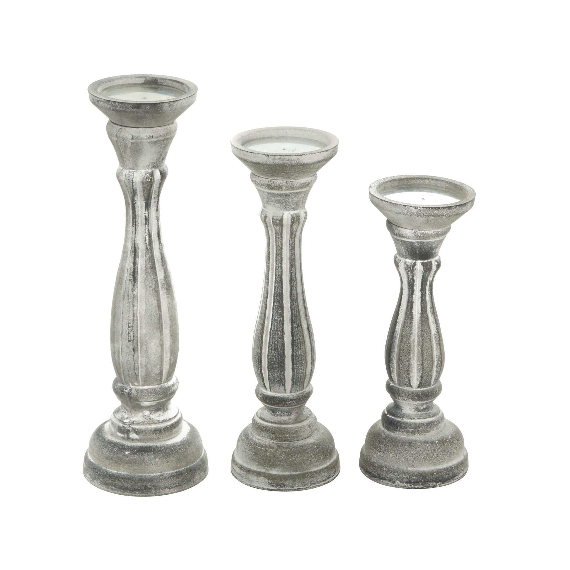 Set of 3 Wooden Distressed Turned Pillar Decorative Candle Holder