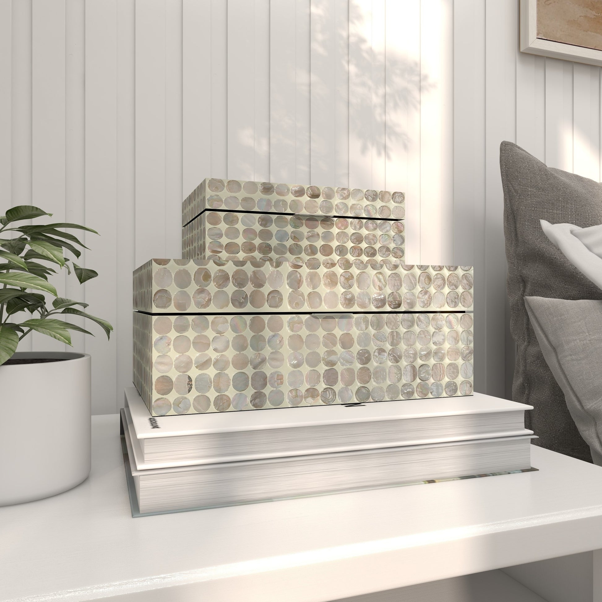 Set of 2 Geometric Beige Mother of Pearl Shell Handmade Decorative Box with Hinged Lid
