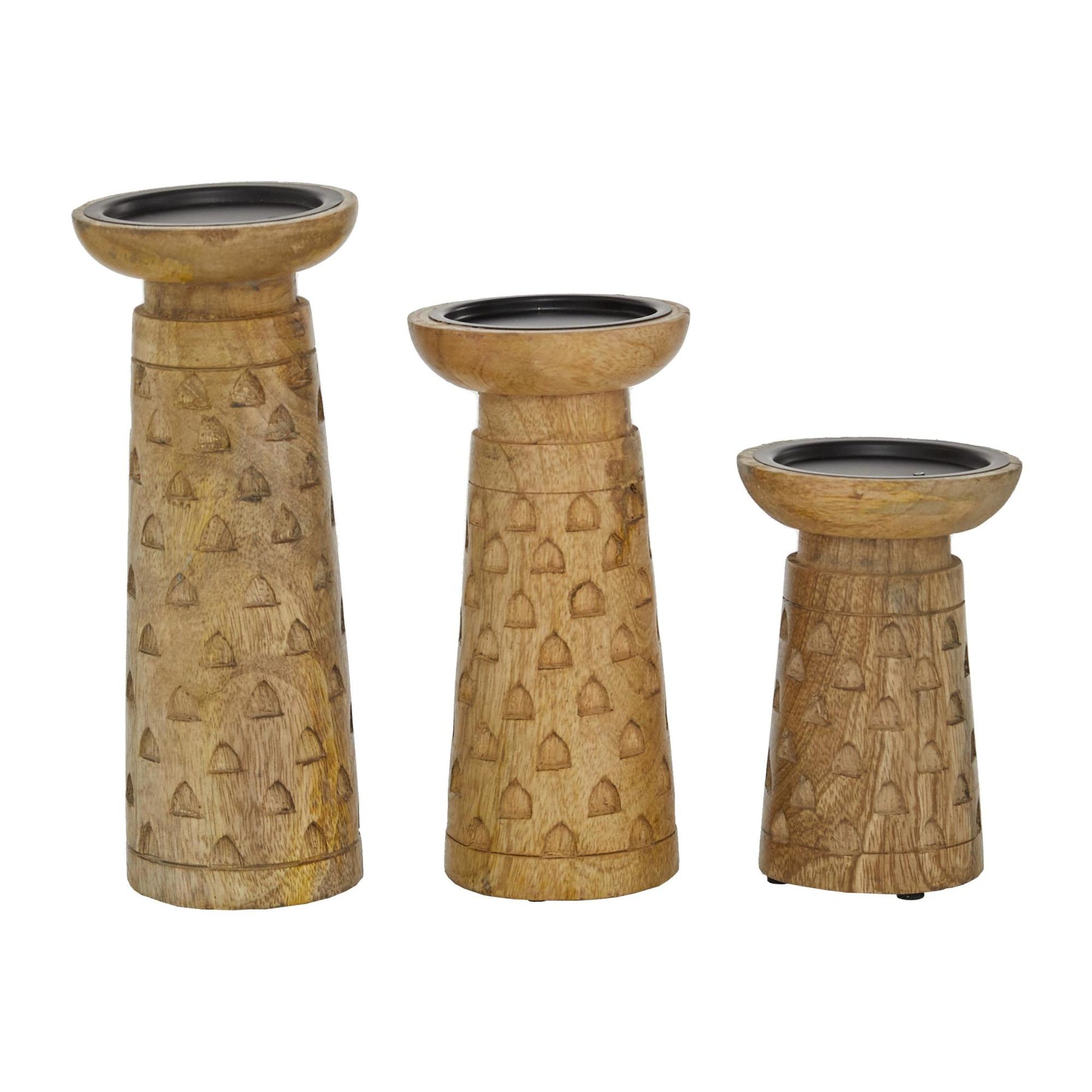 Set of 3 Geometric Brown Mango Wood Handmade Intricate Carved Pillar Decorative Candle Holder