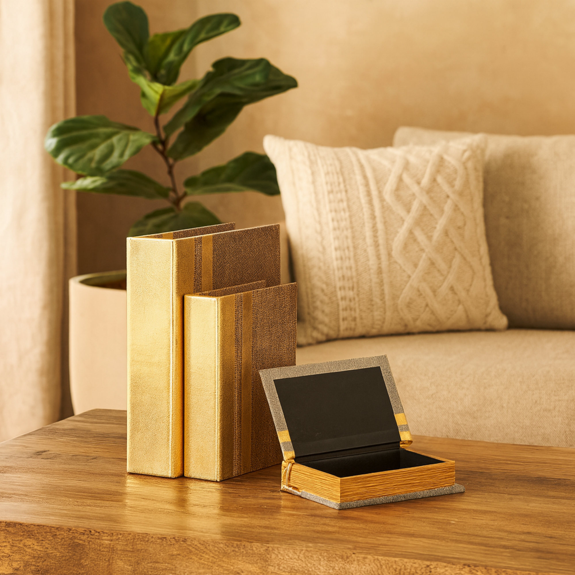 Set of 3 Brown Linen Fabric Textured Faux Book Storage Decorative Box with Gold Faux Leather