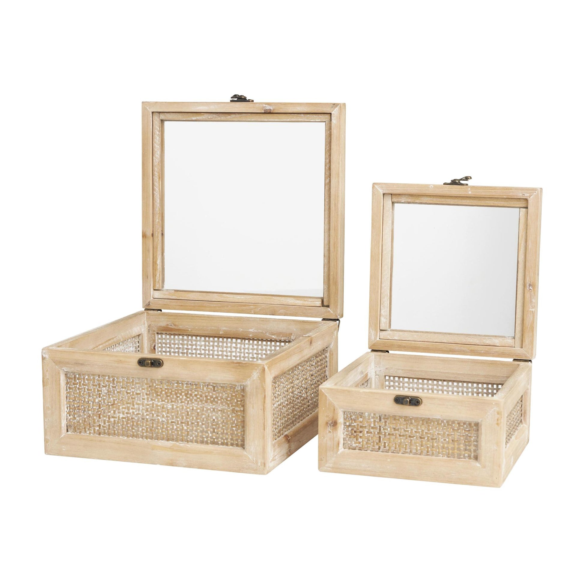Set of 2 Light Brown Wood Glass Top Decorative Box with Rattan Side Panels and Bronze Hook Closures
