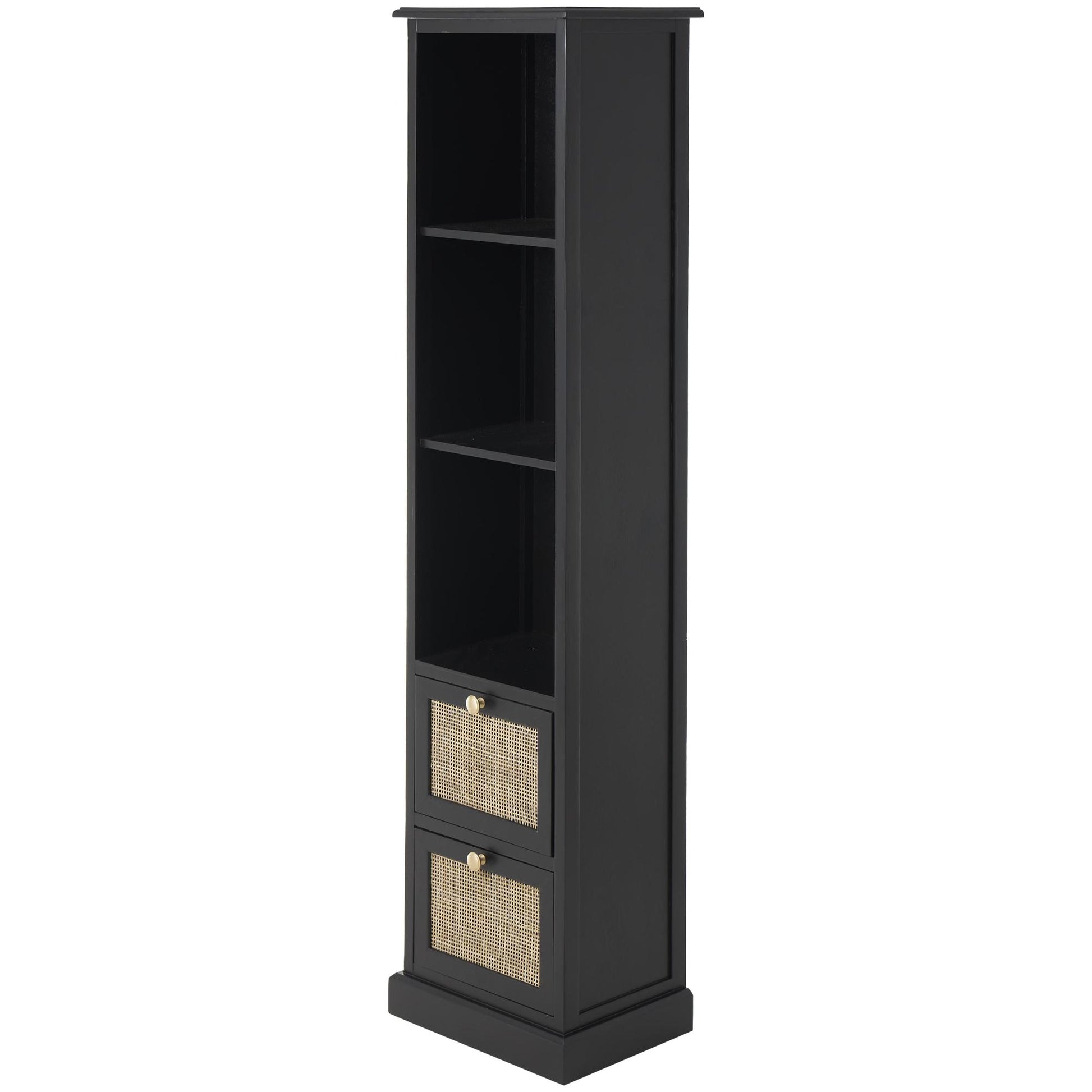 Black Wood 2 Drawer and 3 Shelf Room Cabinet with Rattan Front