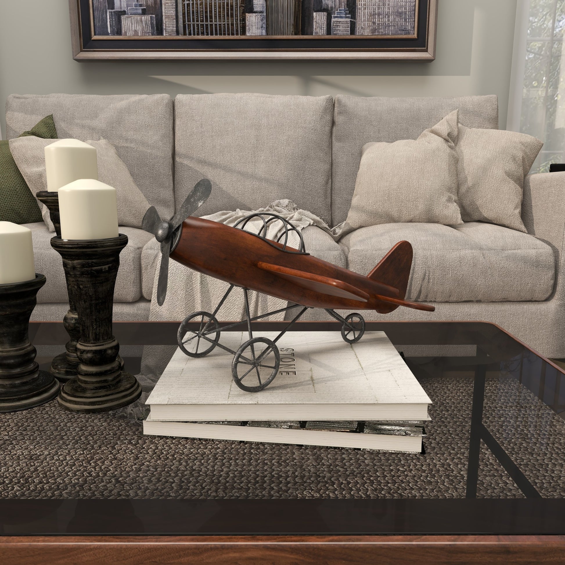 Airplane Brown Wood Decorative Sculpture with Gray Metal Accents