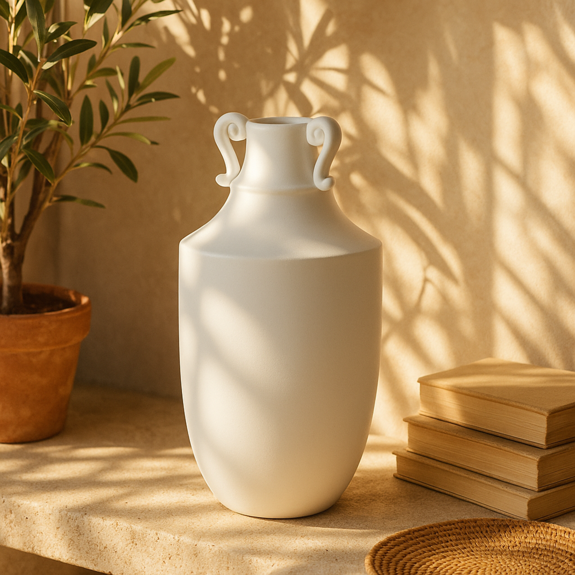 Scroll White Ceramic Sleek Amphora Decorative Vase with Handles