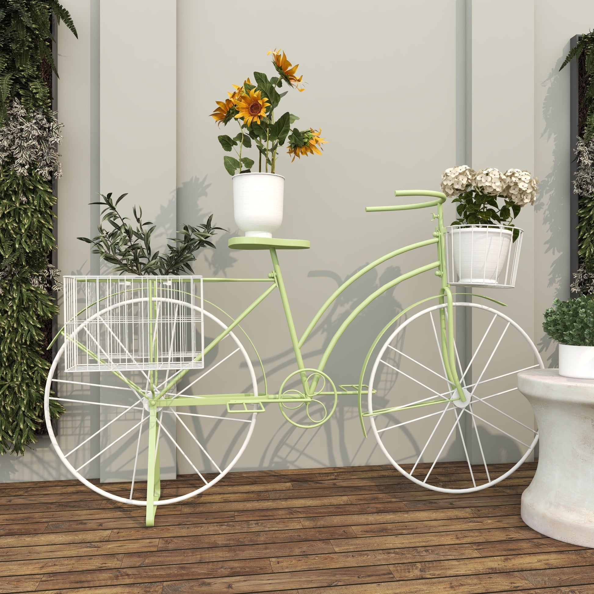 Bike Green Metal Indoor Outdoor Plantstand with Basket and Saddle Bag Planters