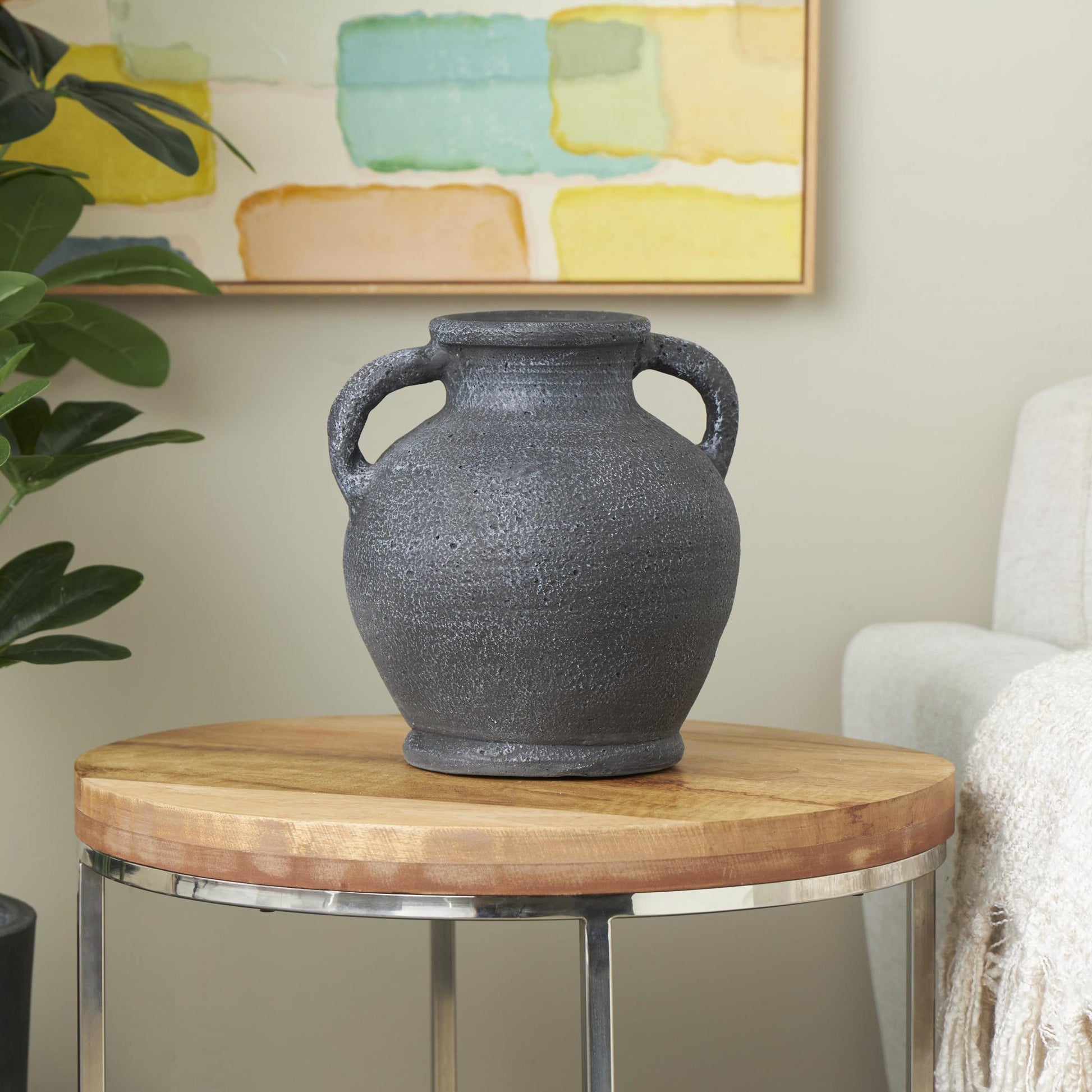 Black Ceramic Whitewashed Textured Amphora Decorative Vase with 2 Handles