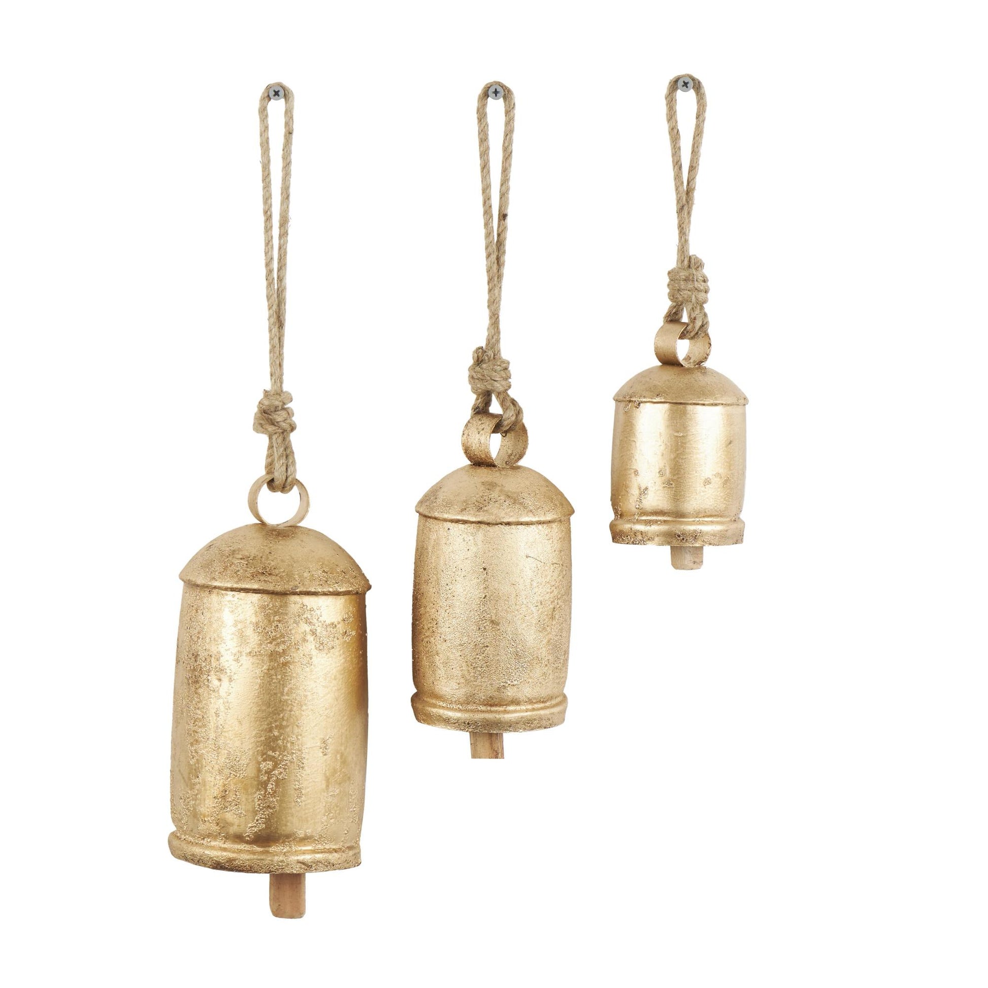 Set of 3 Metal Cluster Indoor Outdoor Decorative Cow Bells with Jute Hanging Rope Set of 3 10",8",6"H