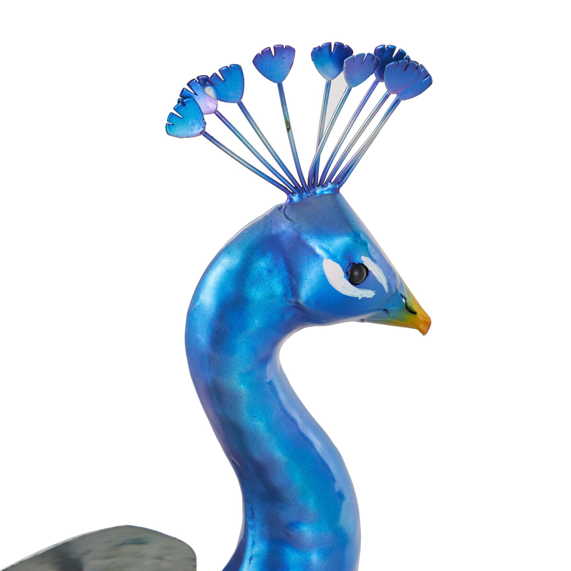 Peacock Blue Metal Decorative Garden Sculpture with Gold Legs and Teal Wings