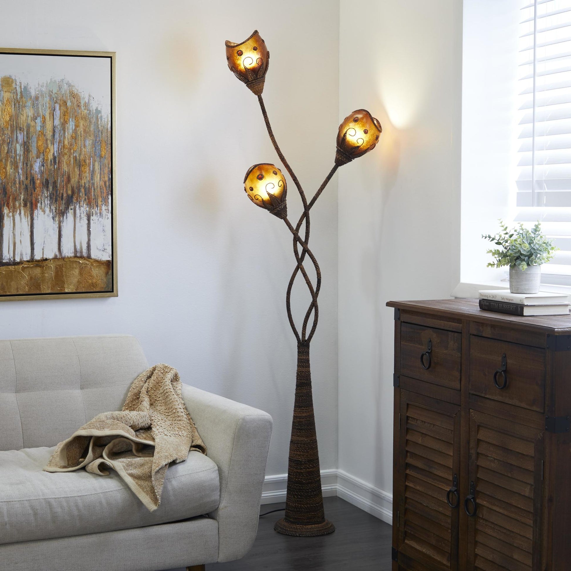 Brown Dried Plant Room Floor Lamp with Decorated Orange Lamp Shades