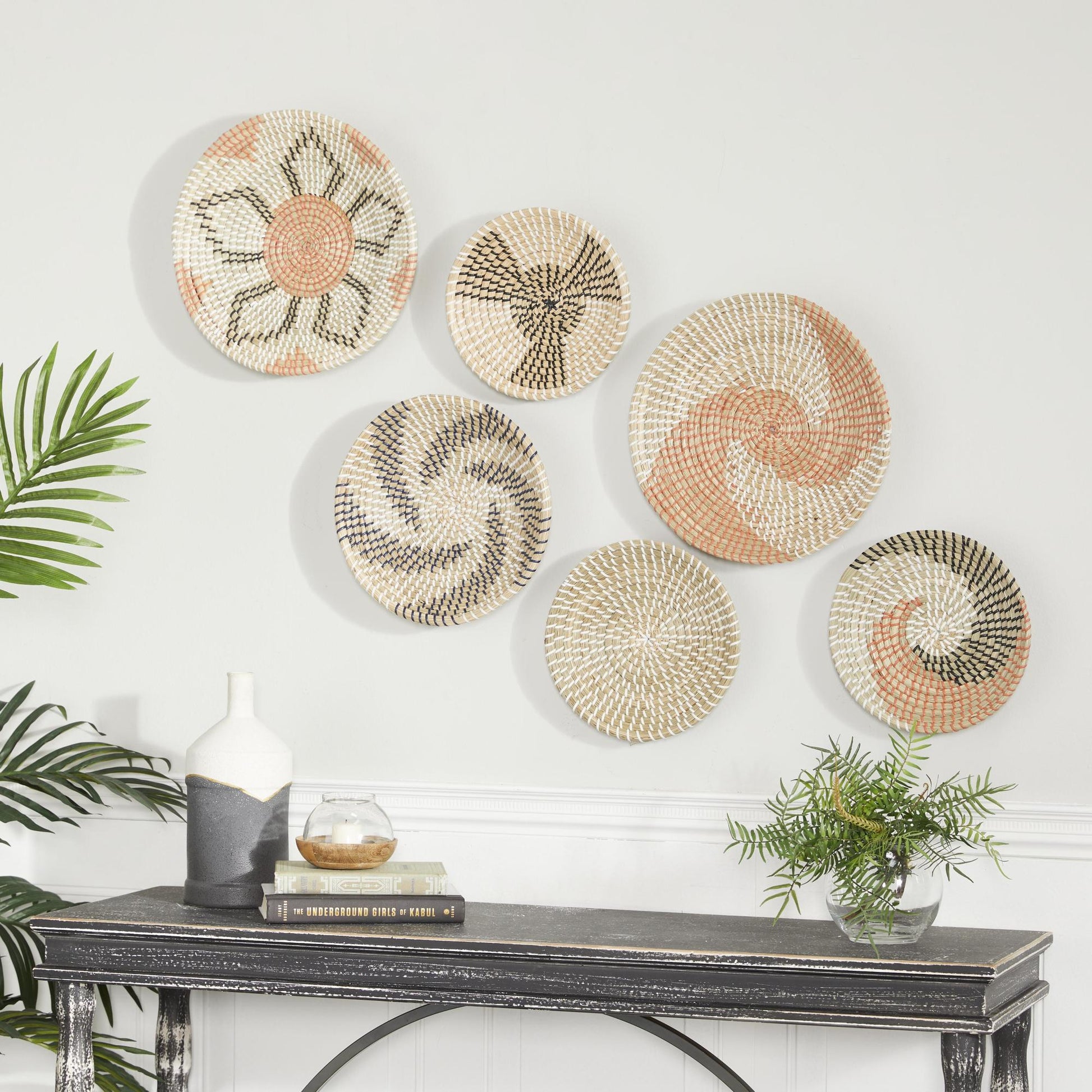 Set of 6 Plate Orange Seagrass Handmade Patterned Basket Home Wall Decor