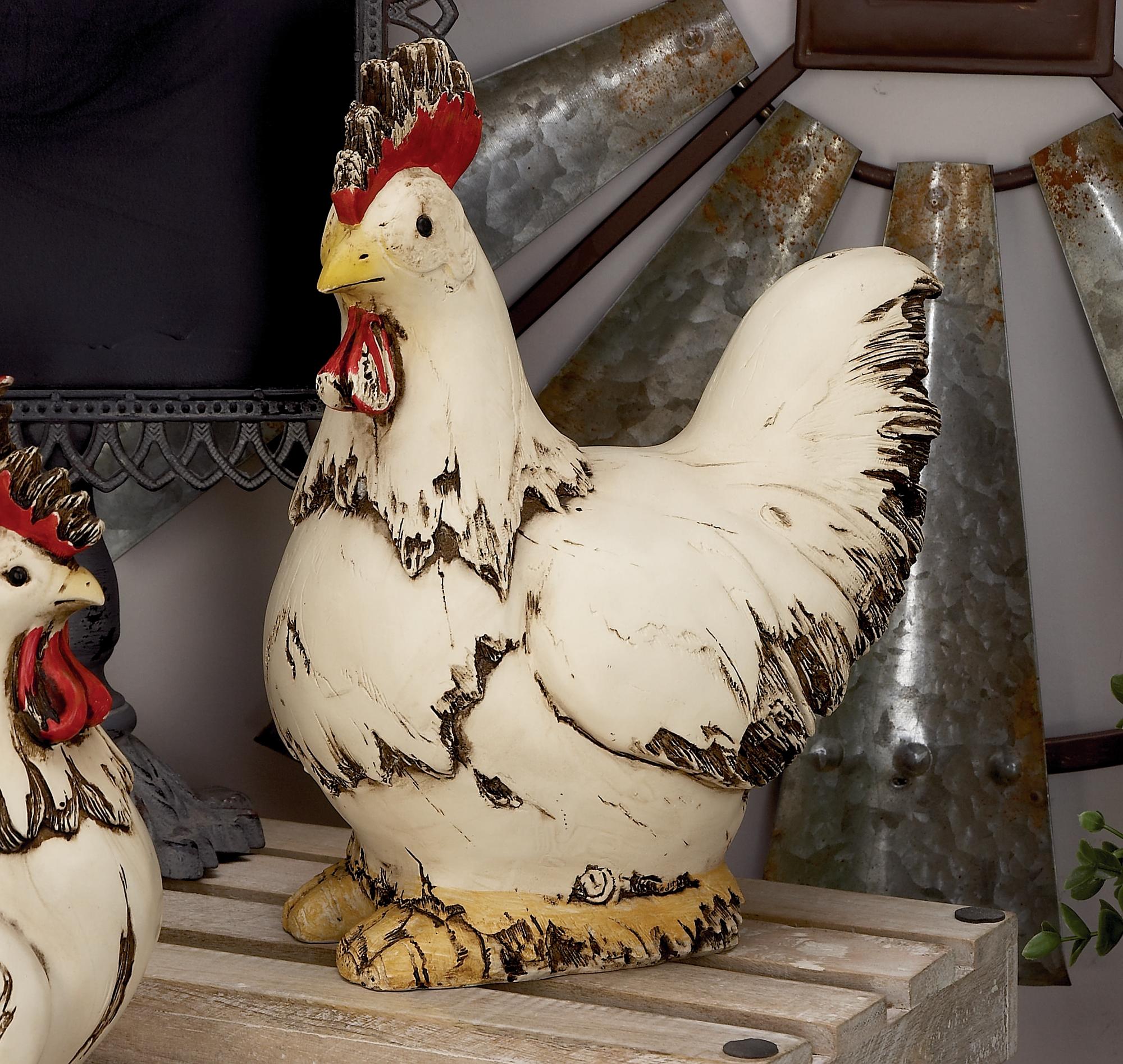 Rooster White Polystone Indoor Outdoor Decorative Garden Sculpture