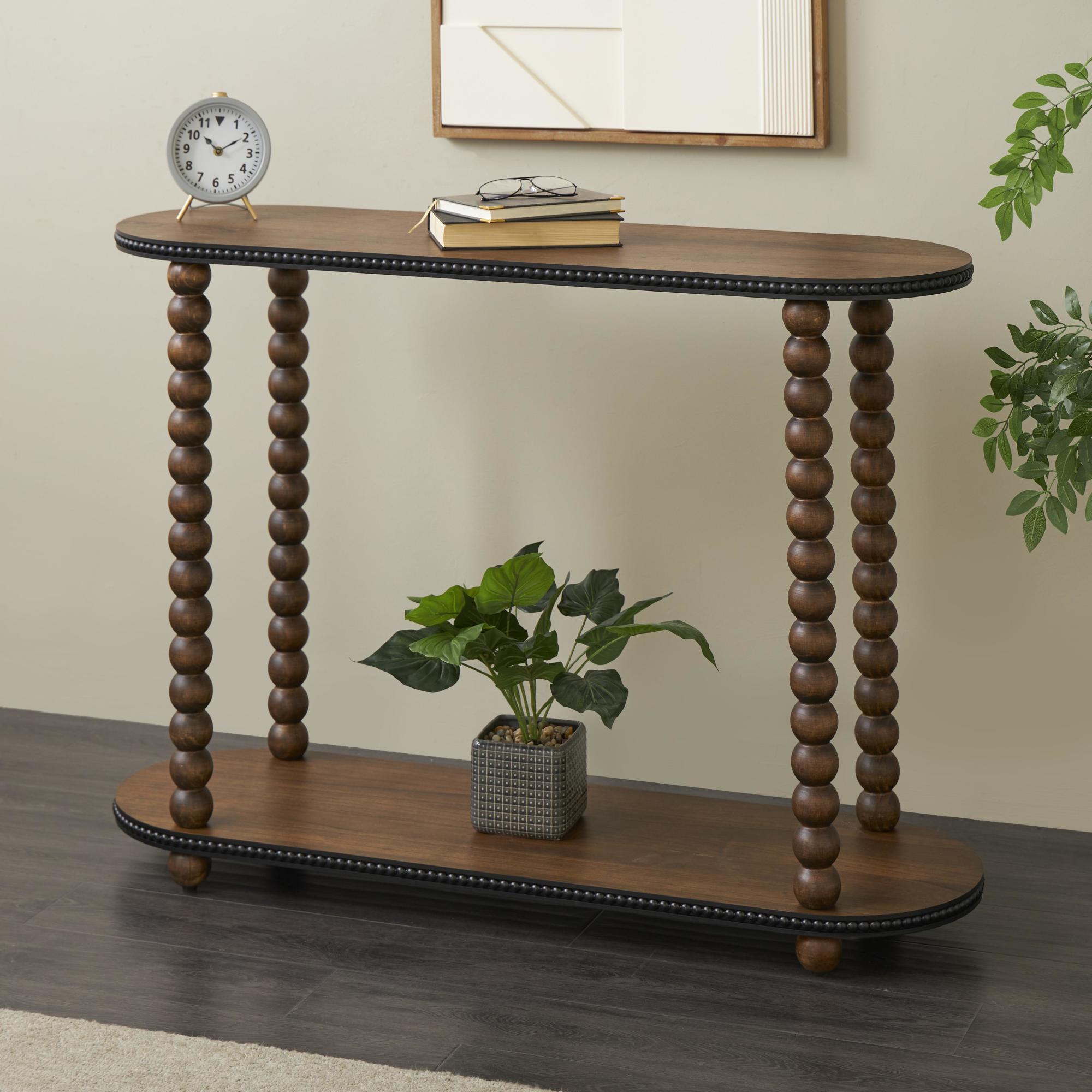 Brown Wood Oval Spindle Living Room Console Table with Beaded Edges
