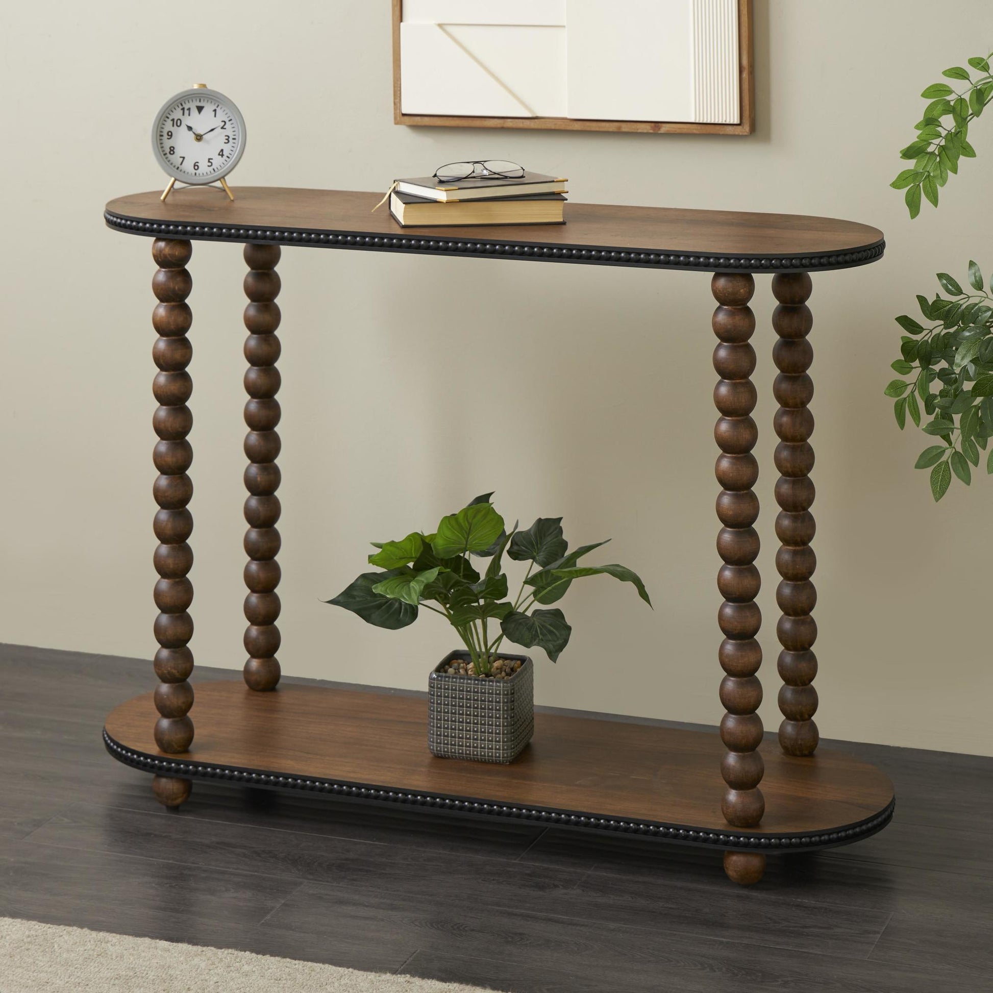 Brown Wood Oval Spindle Living Room Console Table with Beaded Edges