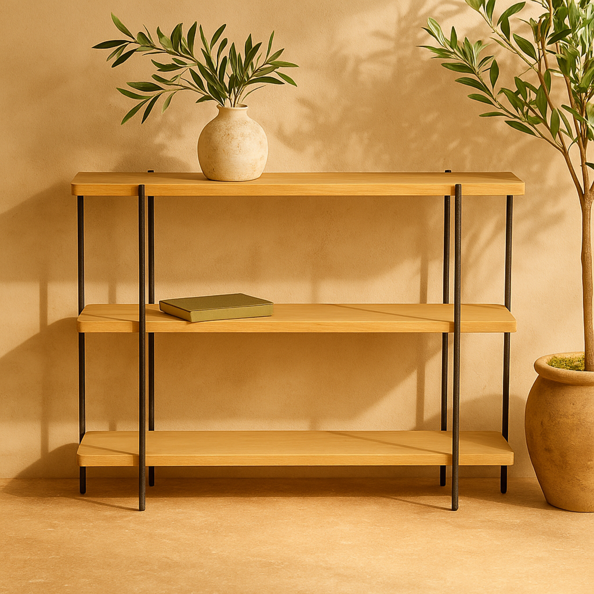 Beige Wood Rounded Rectangular 2 Shelf Living Room Console Table with Slim Black Metal Legs
