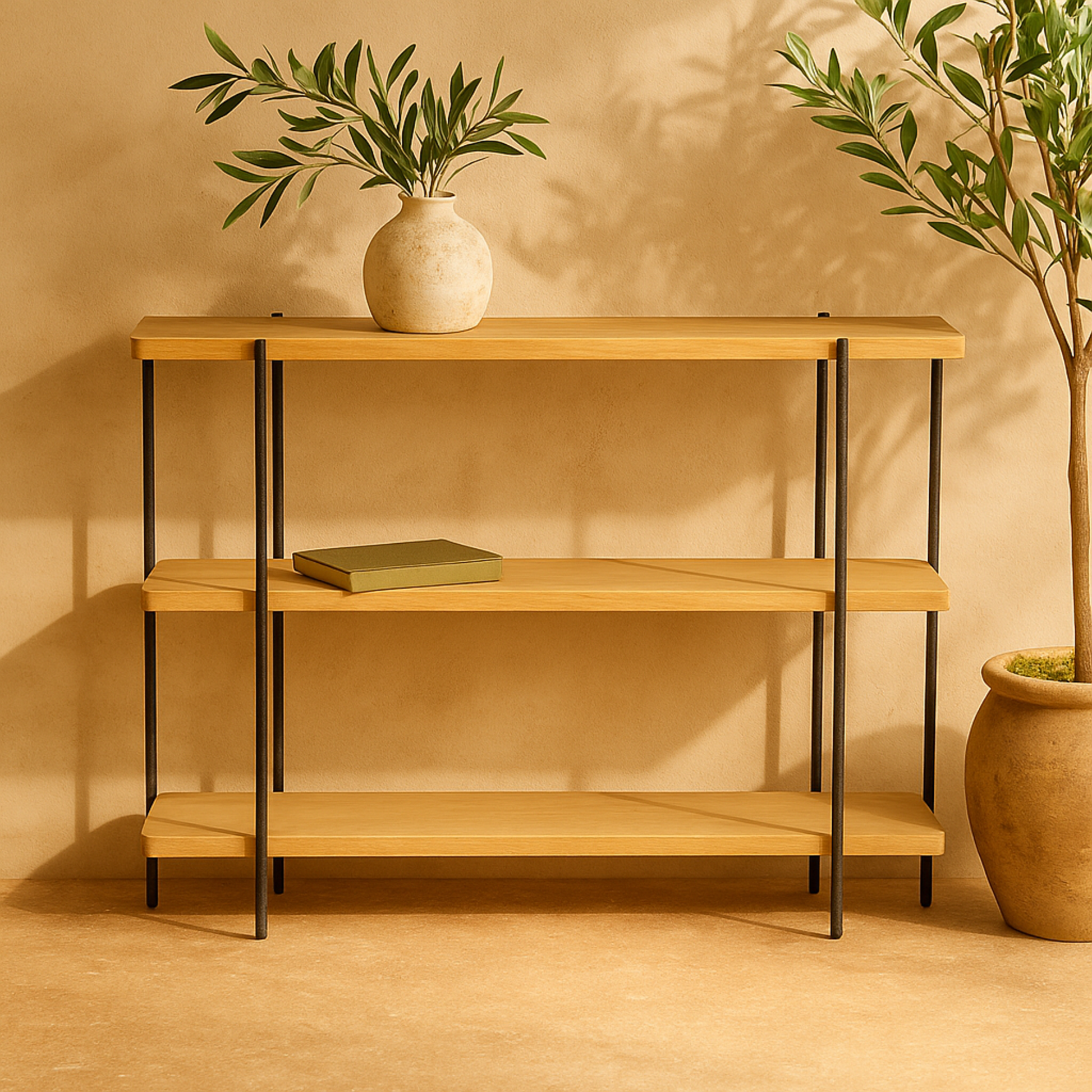 Beige Wood Rounded Rectangular 2 Shelf Living Room Console Table with Slim Black Metal Legs