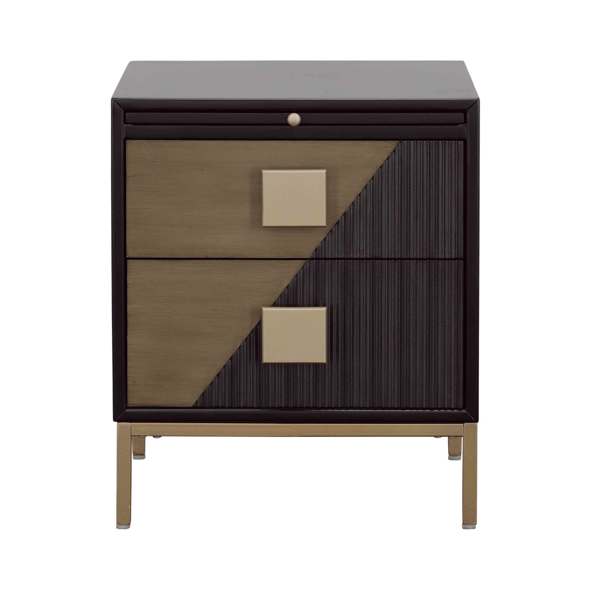 Geometric Black Wooden Ribbed Two-Toned Triangle Cut 2 Drawer Room Dresser with Gold Square Block Handles and Hidden Pullout Shelf