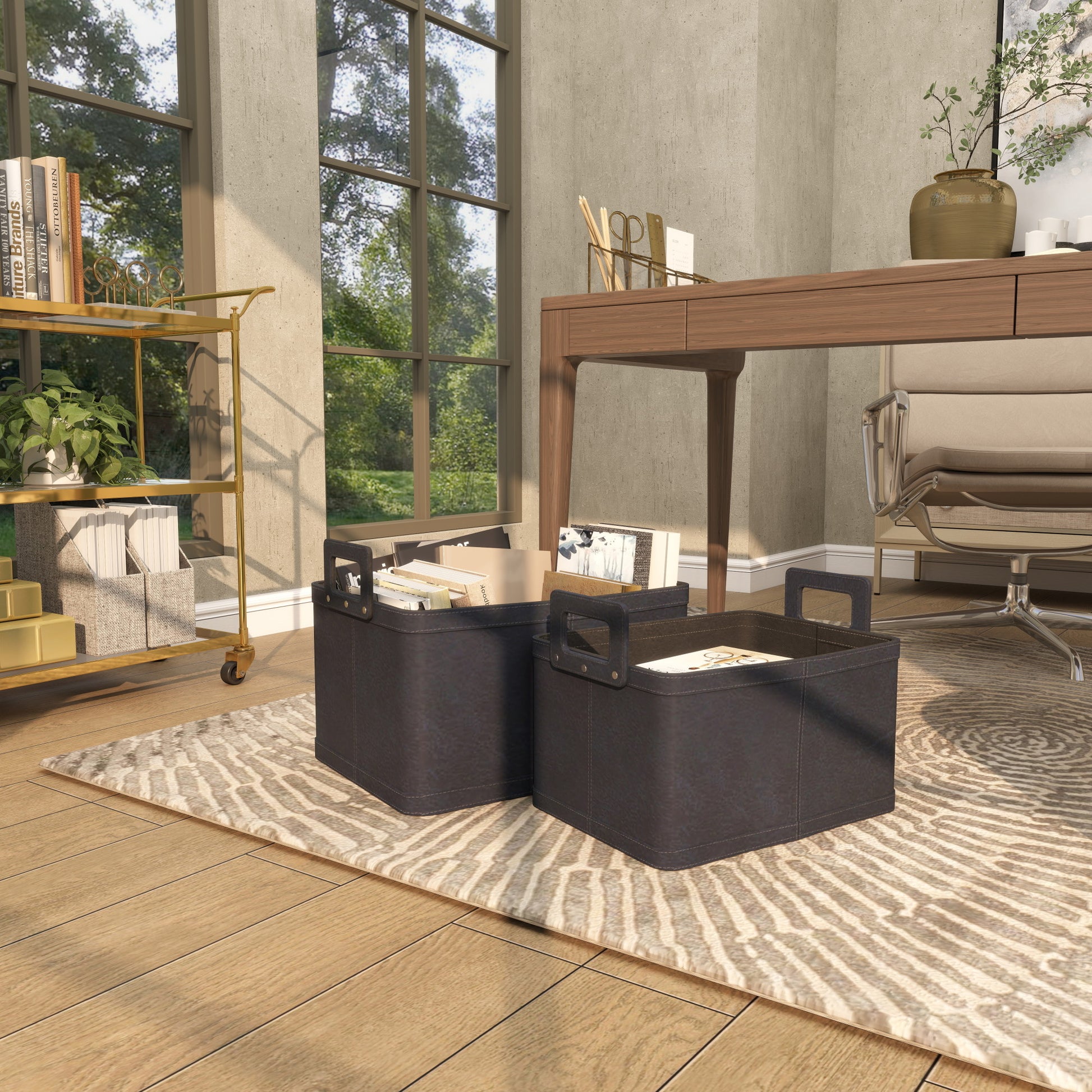 Set of 2 Leather Handmade Decorative and Functional Storage Basket with Handles Set of 2 19", 17"W