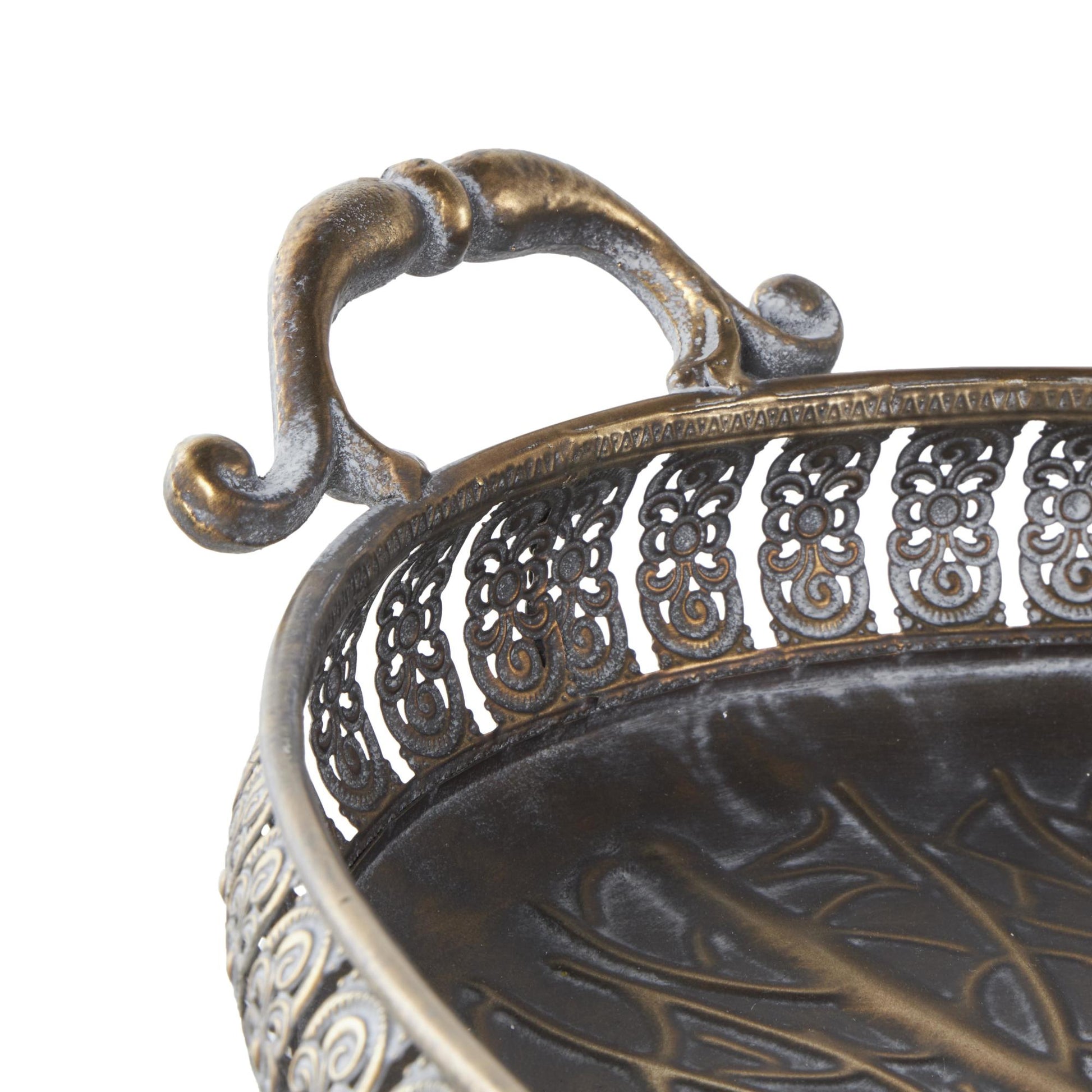 Set of 2 Scroll Brass Metal Ornate Oval Living Room Decor Tray with Tree Patterned Interior